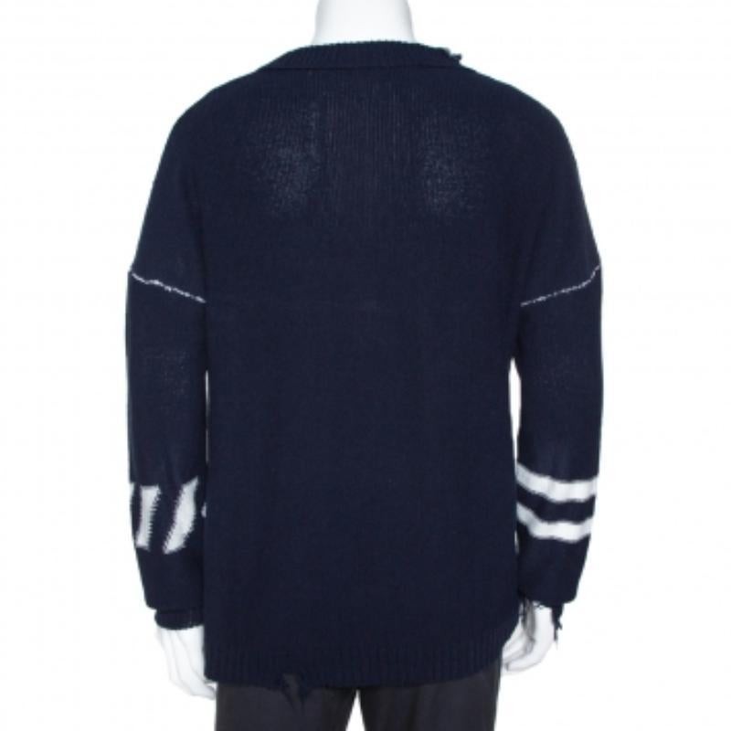 Off White Navy Blue Logo Intarsia Knit Distressed Jumper S im Zustand „Hervorragend“ im Angebot in Dubai, Al Qouz 2