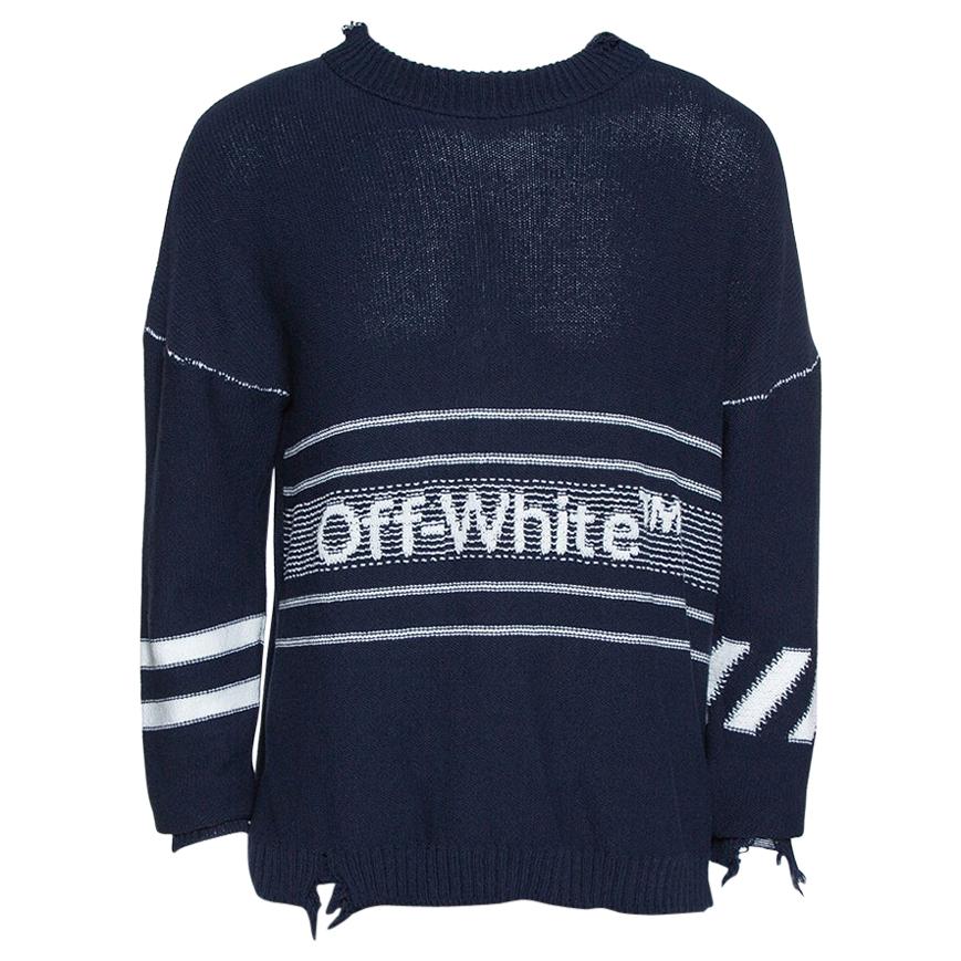 Off White Navy Blue Logo Intarsia Knit Distressed Jumper S For Sale