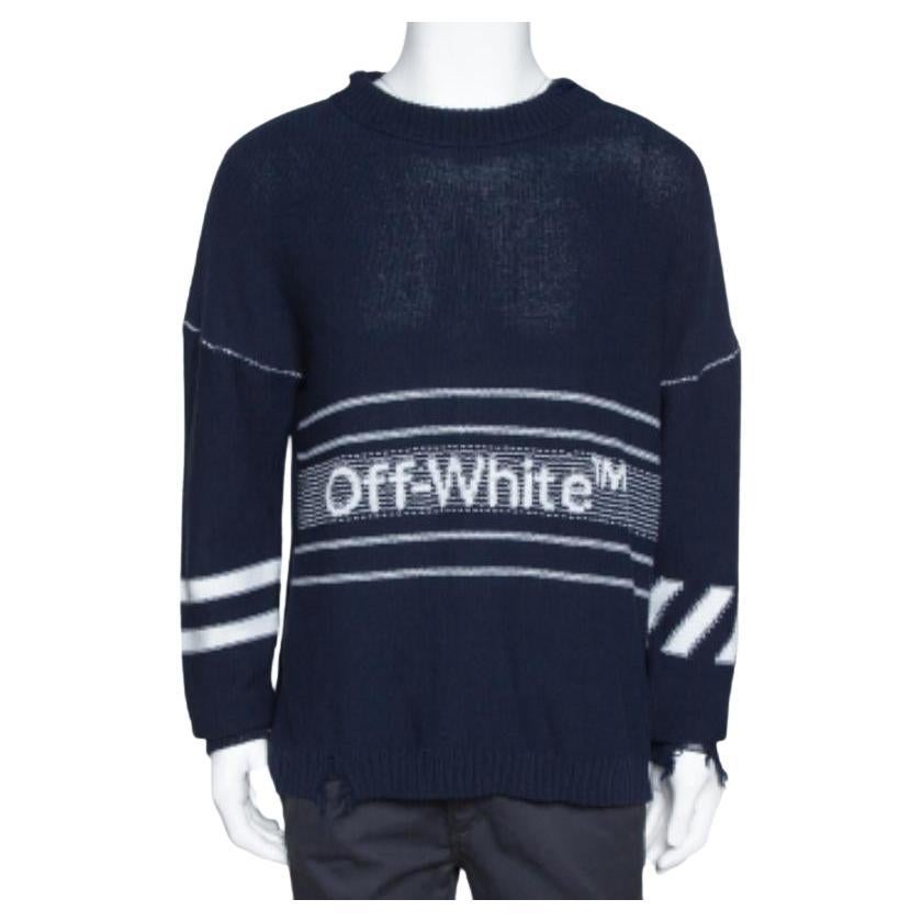 Off White Navy Blue Logo Intarsia Knit Distressed Jumper S im Angebot