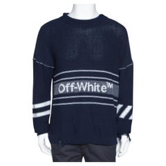 Off White Navy Blue Logo Intarsia Knit Distressed Jumper S
