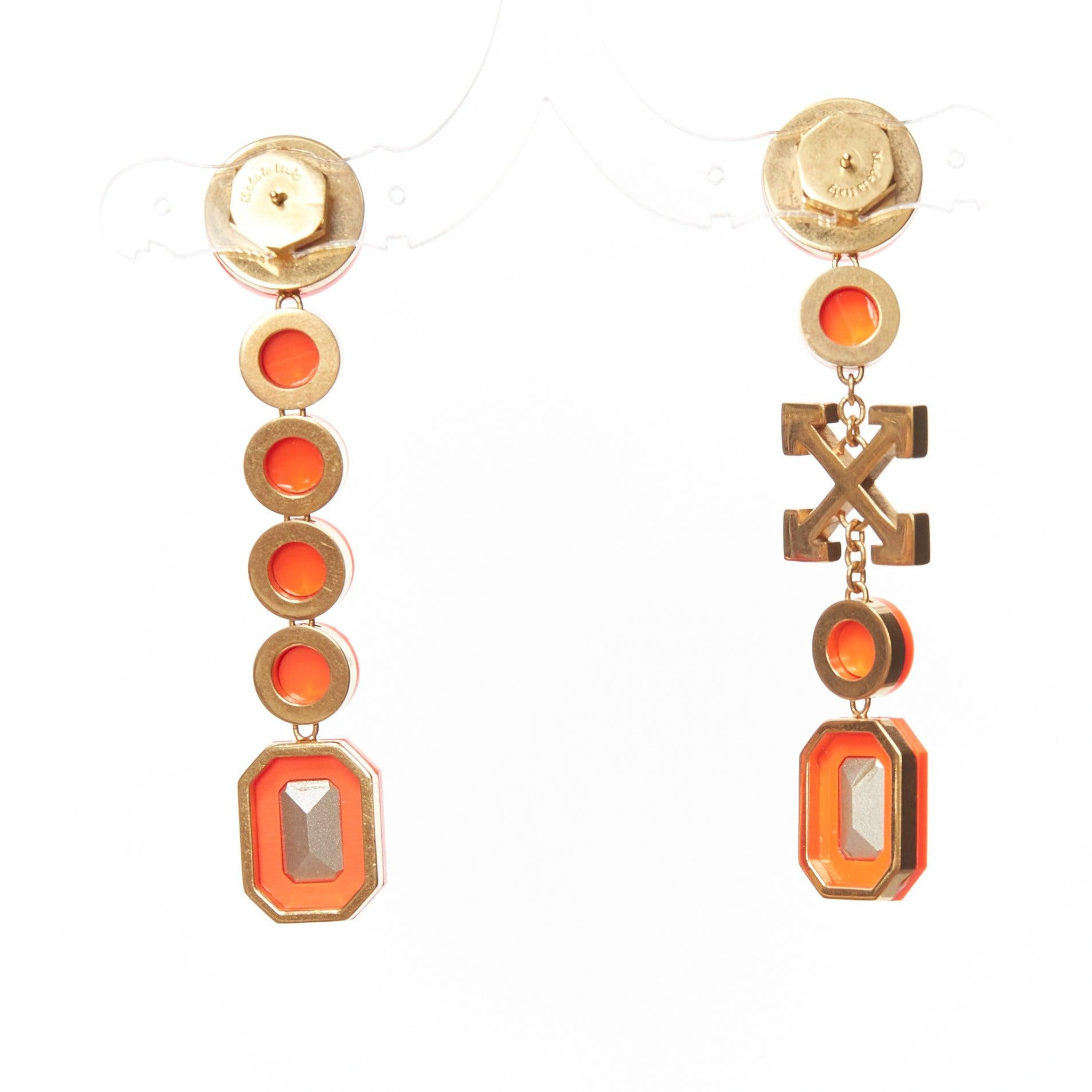 OFF WHITE neon orange gold logo jewel rhinestone drop pin earrings pair In Good Condition For Sale In Hong Kong, NT