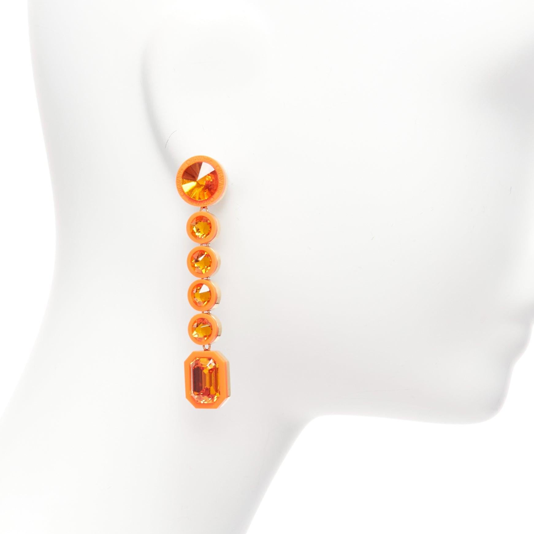 Women's OFF WHITE neon orange gold logo jewel rhinestone drop pin earrings pair For Sale