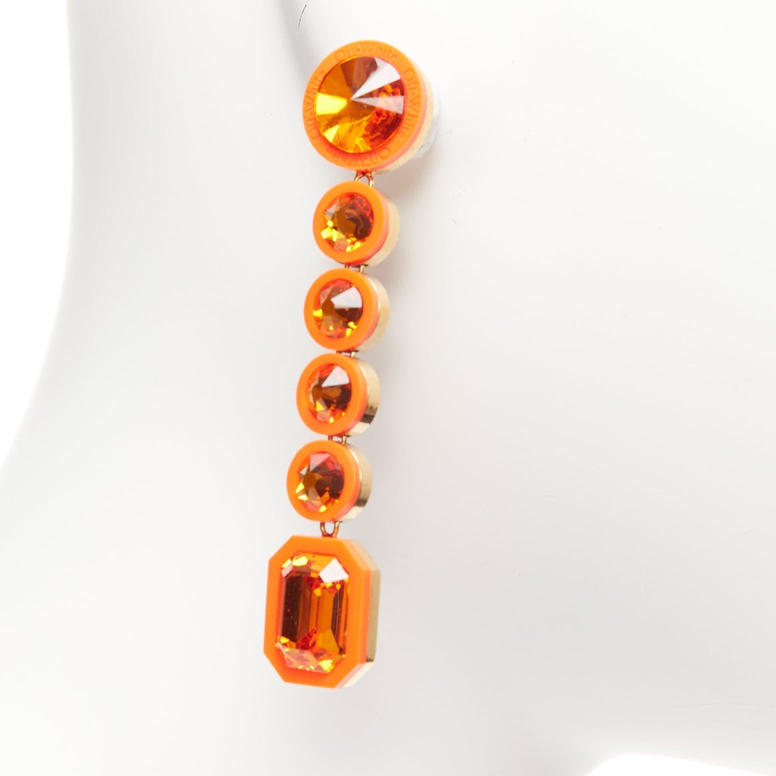 OFF WHITE neon orange gold logo jewel rhinestone drop pin earrings pair For Sale 1