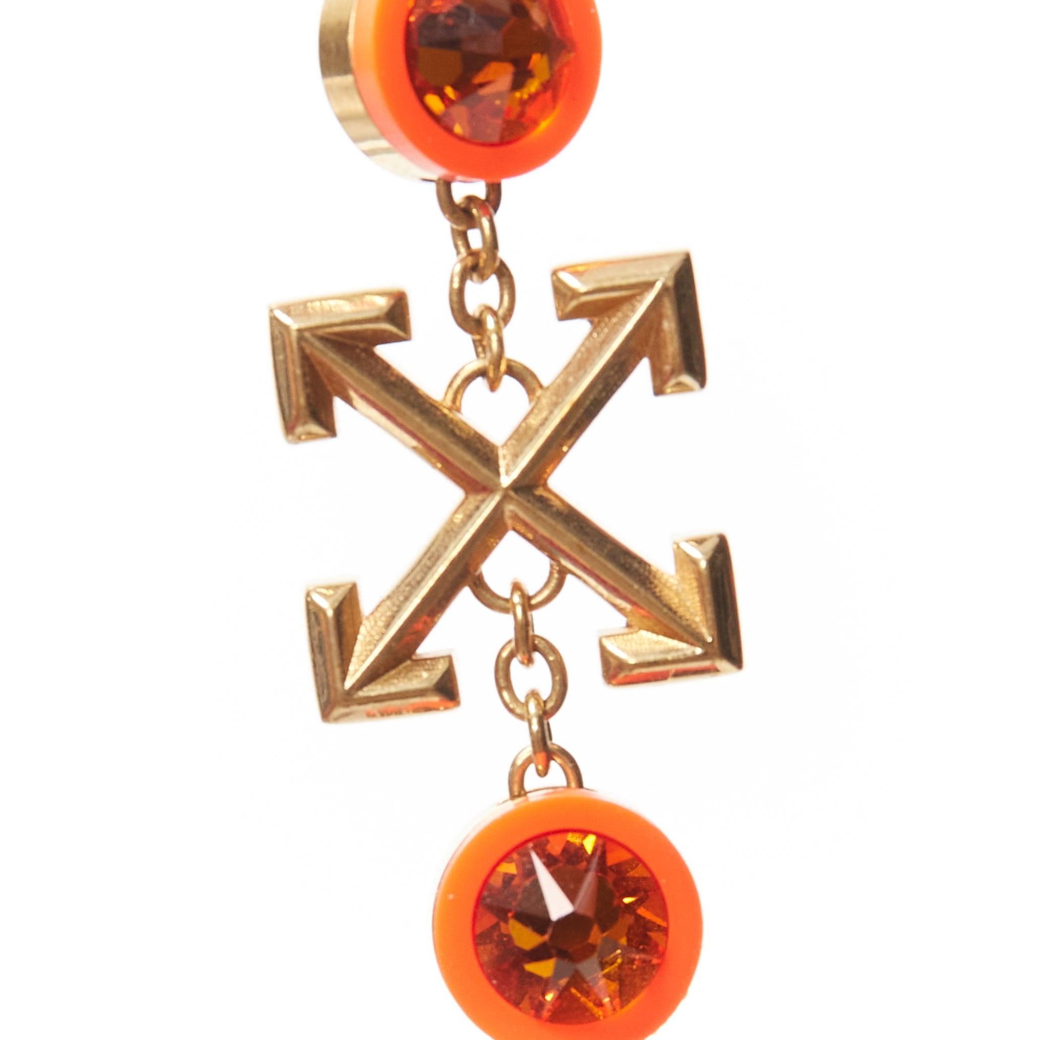 OFF WHITE neon orange gold logo jewel rhinestone drop pin earrings pair For Sale 2