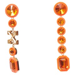 OFF WHITE neon orange gold logo jewel rhinestone drop pin earrings pair