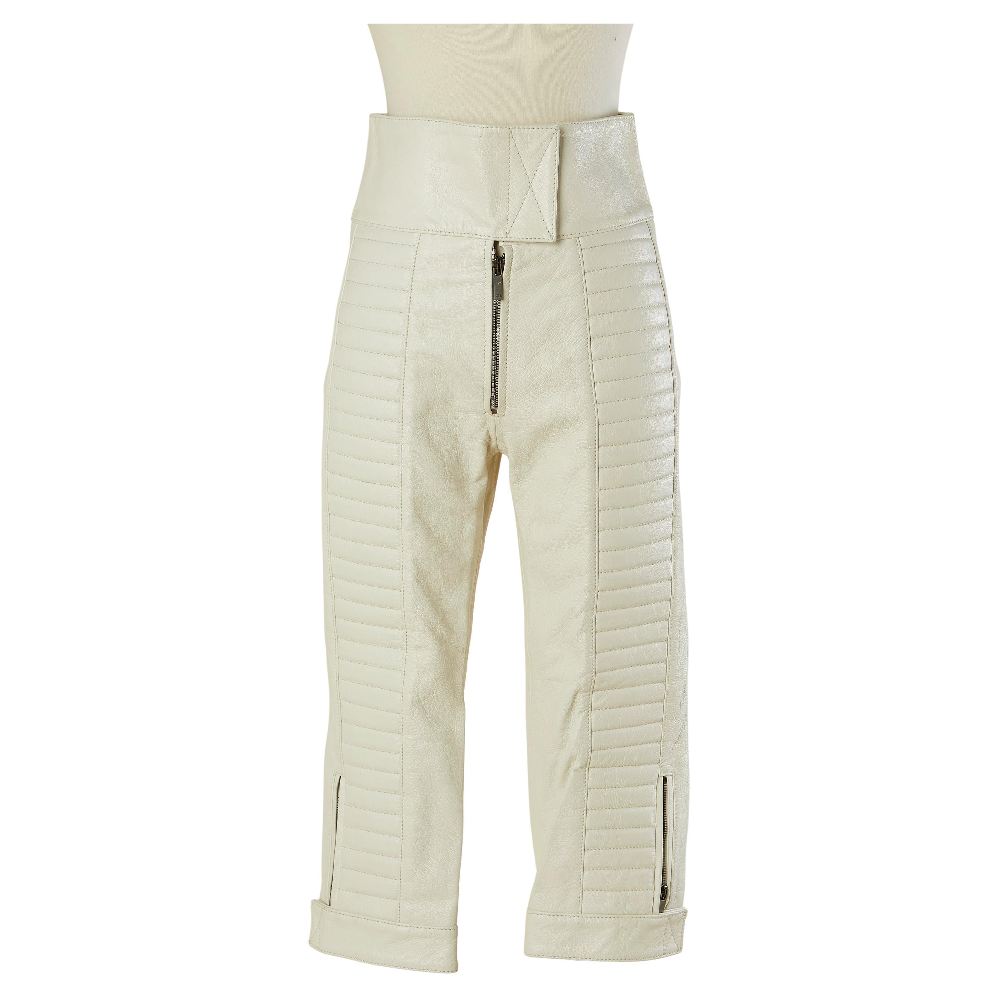 Off-white padded and top-stitched leather biker pant CHRISTIAN DIOR For Sale