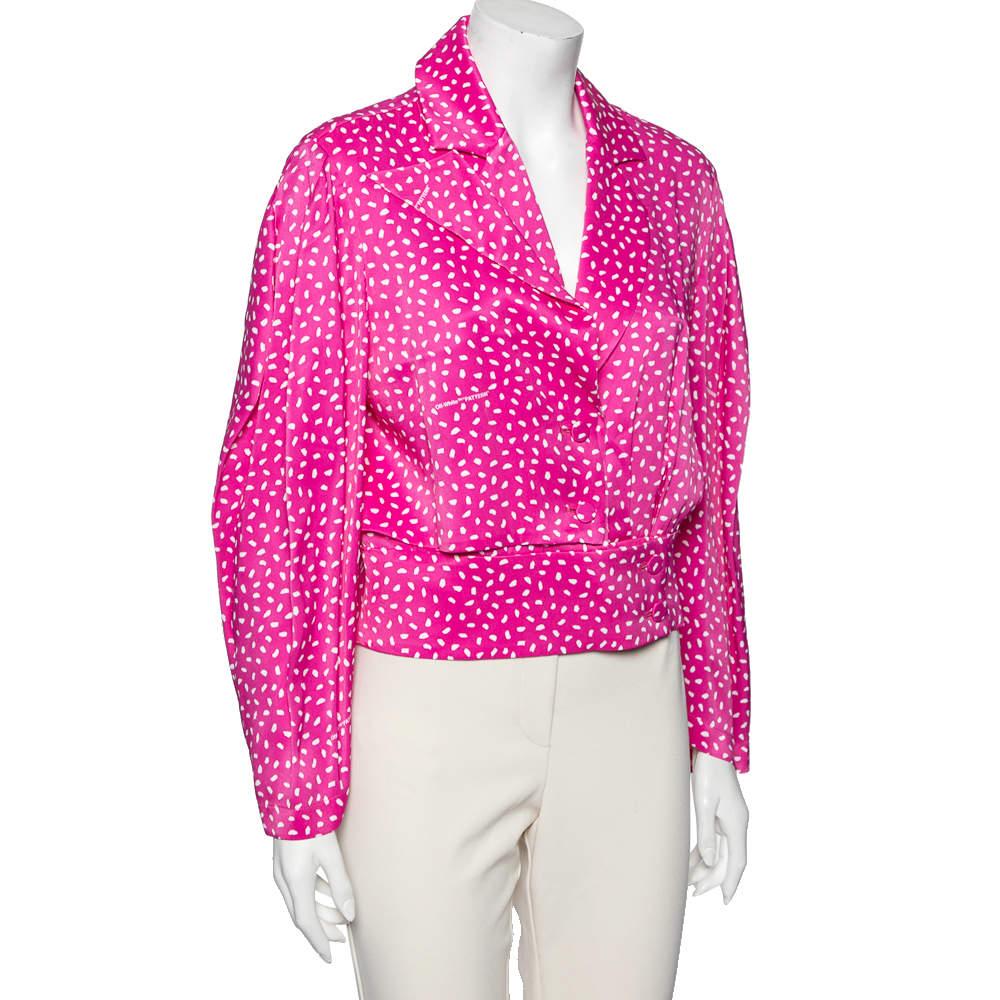 Weiße rosa bedruckte Satin-Bluse mit Knopfleiste und Überzug M (Pink) im Angebot