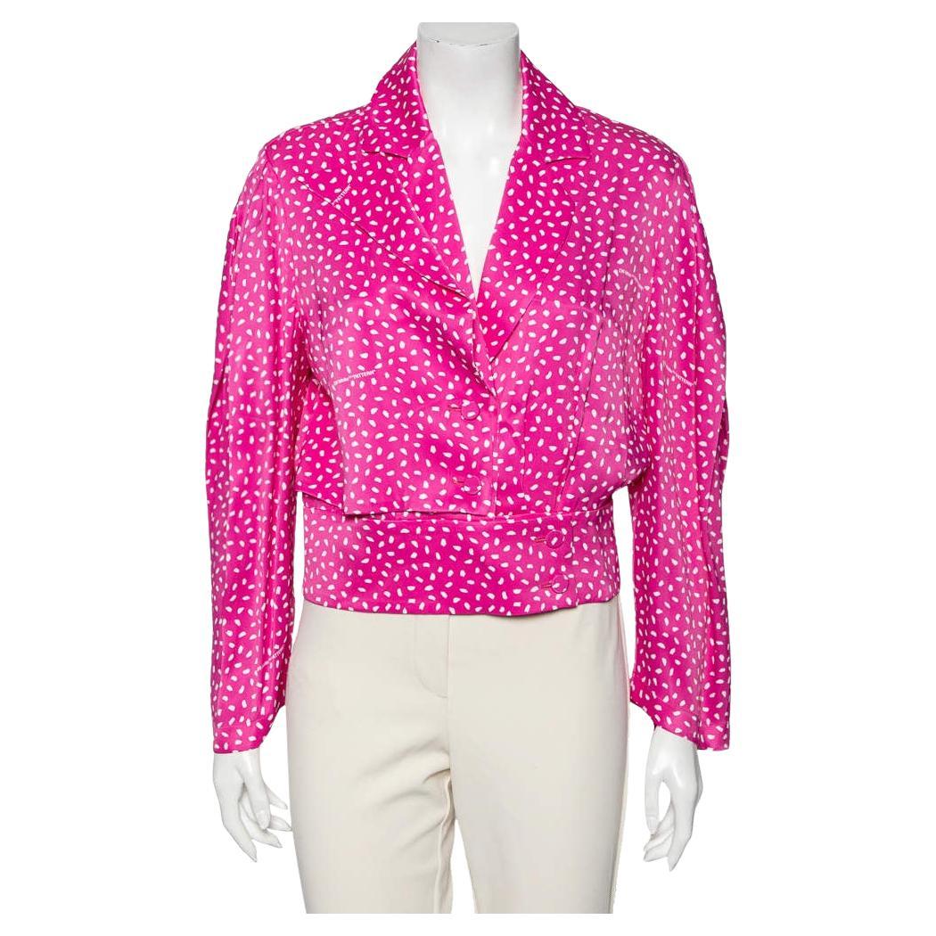 Weiße rosa bedruckte Satin-Bluse mit Knopfleiste und Überzug M