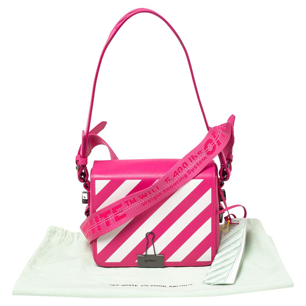 Off-White Pink/White Diagonal Striped Leather Flap Crossbody Bag 4