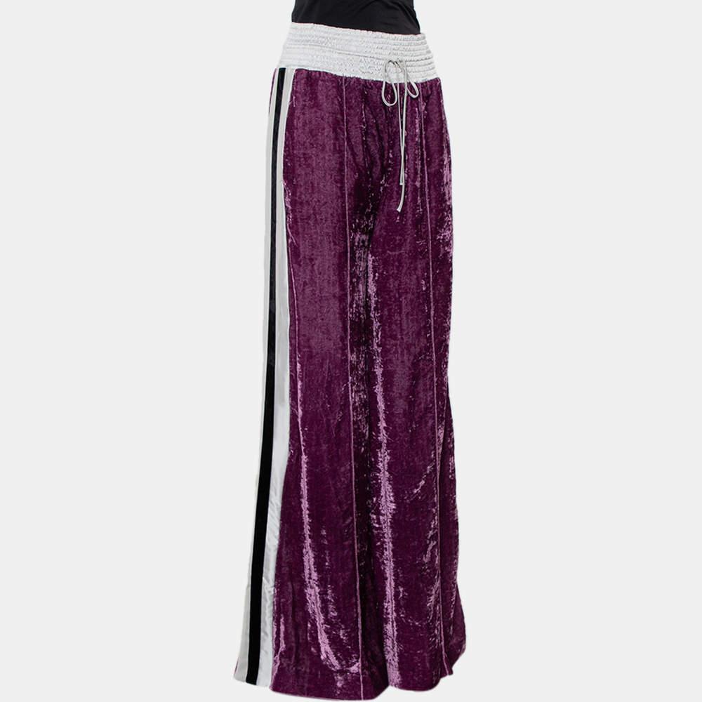 Off-White Purple Crushed Velvet Wide Leg Track Pants M For Sale 3