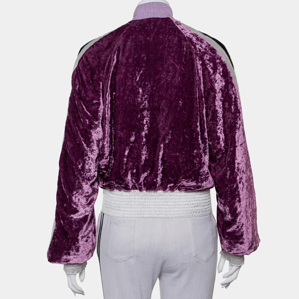 Women's Off-White Purple Crushed Velvet Zipper Front Bomber Jacket M For Sale