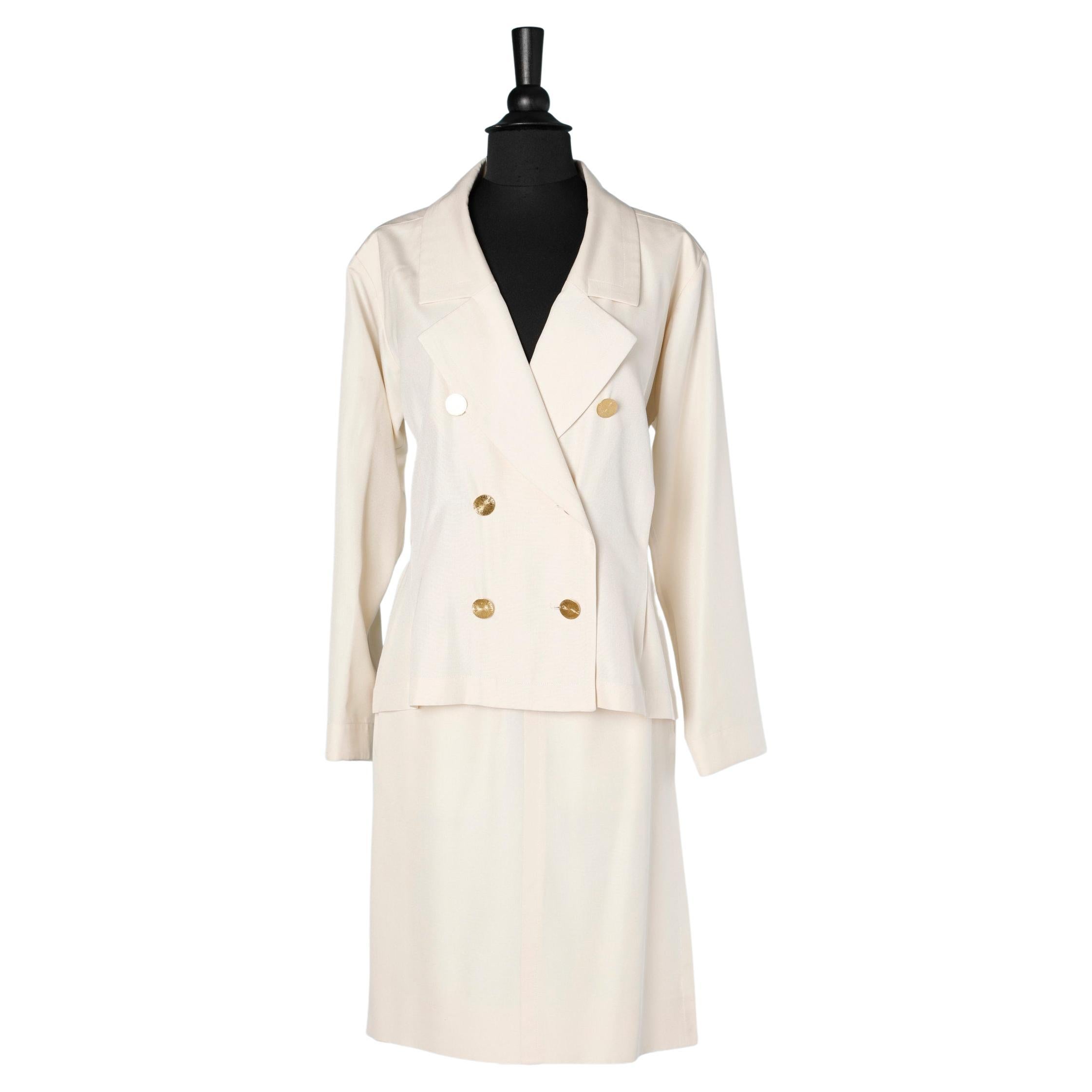 Off-white raw silk skirt-suit  with gold buttons Yves Saint Laurent Rive Gauche  For Sale
