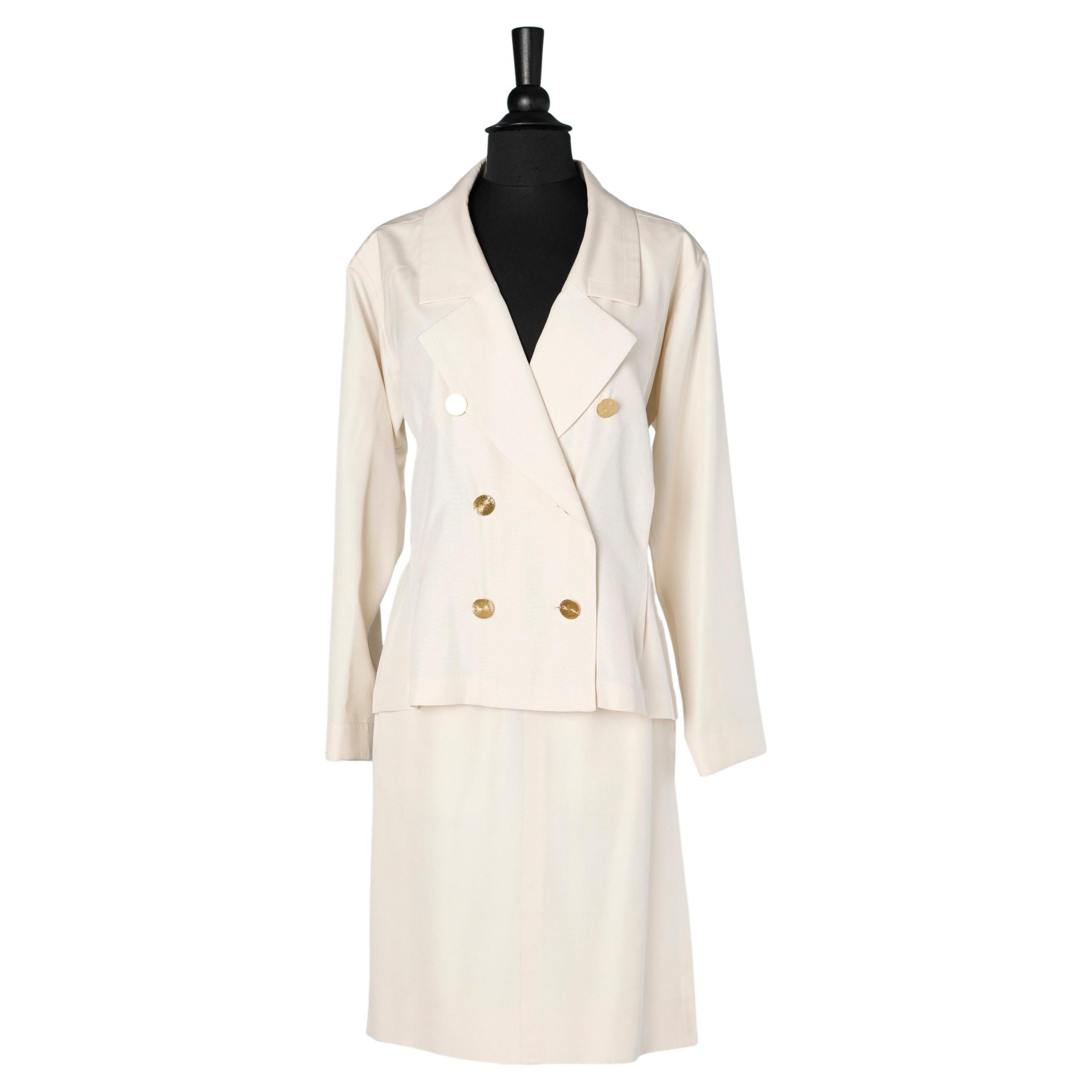 Off-white raw silk skirt-suit  with gold buttons Yves Saint Laurent Rive Gauche