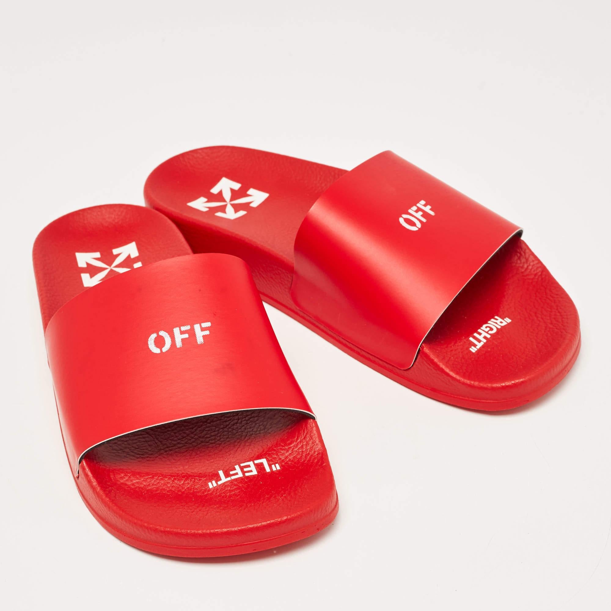 Off-White Red Leather Pool Slides Size 39 In New Condition For Sale In Dubai, Al Qouz 2