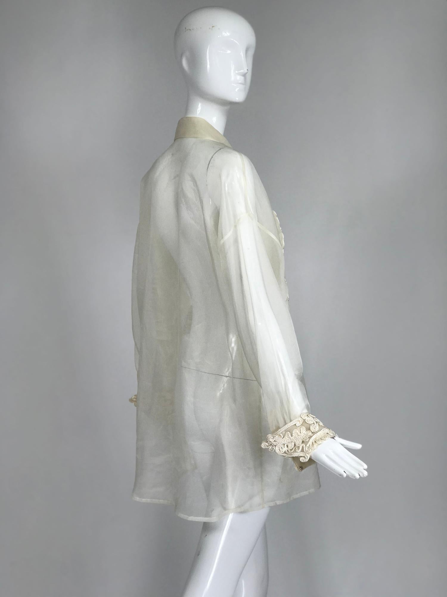 Off White Sheer Silk Organza Passementerie Long Sleeve Tunic Blouse In Good Condition In West Palm Beach, FL