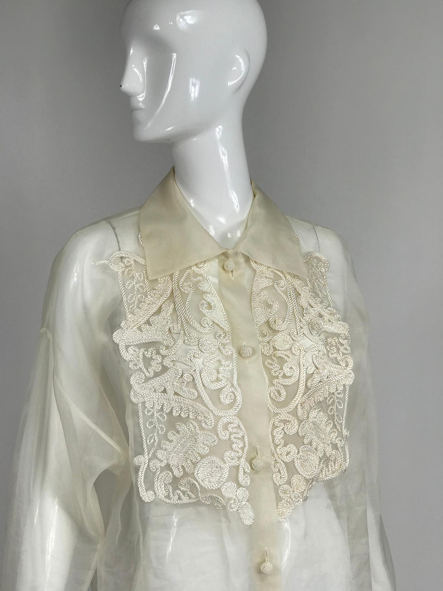Women's Off White Sheer Silk Organza Passementerie Long Sleeve Tunic Blouse