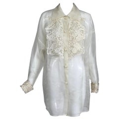 Tunika-Bluse mit langen Ärmeln aus durchsichtigem Seidenorganza und Passementerie in Weiß