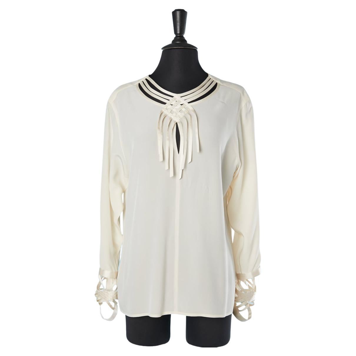 Off-white silk blouse with cut-work on the neck-line and cuffs Karl Lagerfeld  For Sale