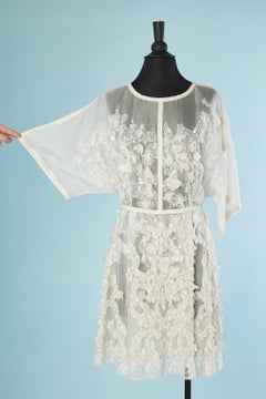 Off-white silk chiffon cocktail dress with white embroideries Elie Saab