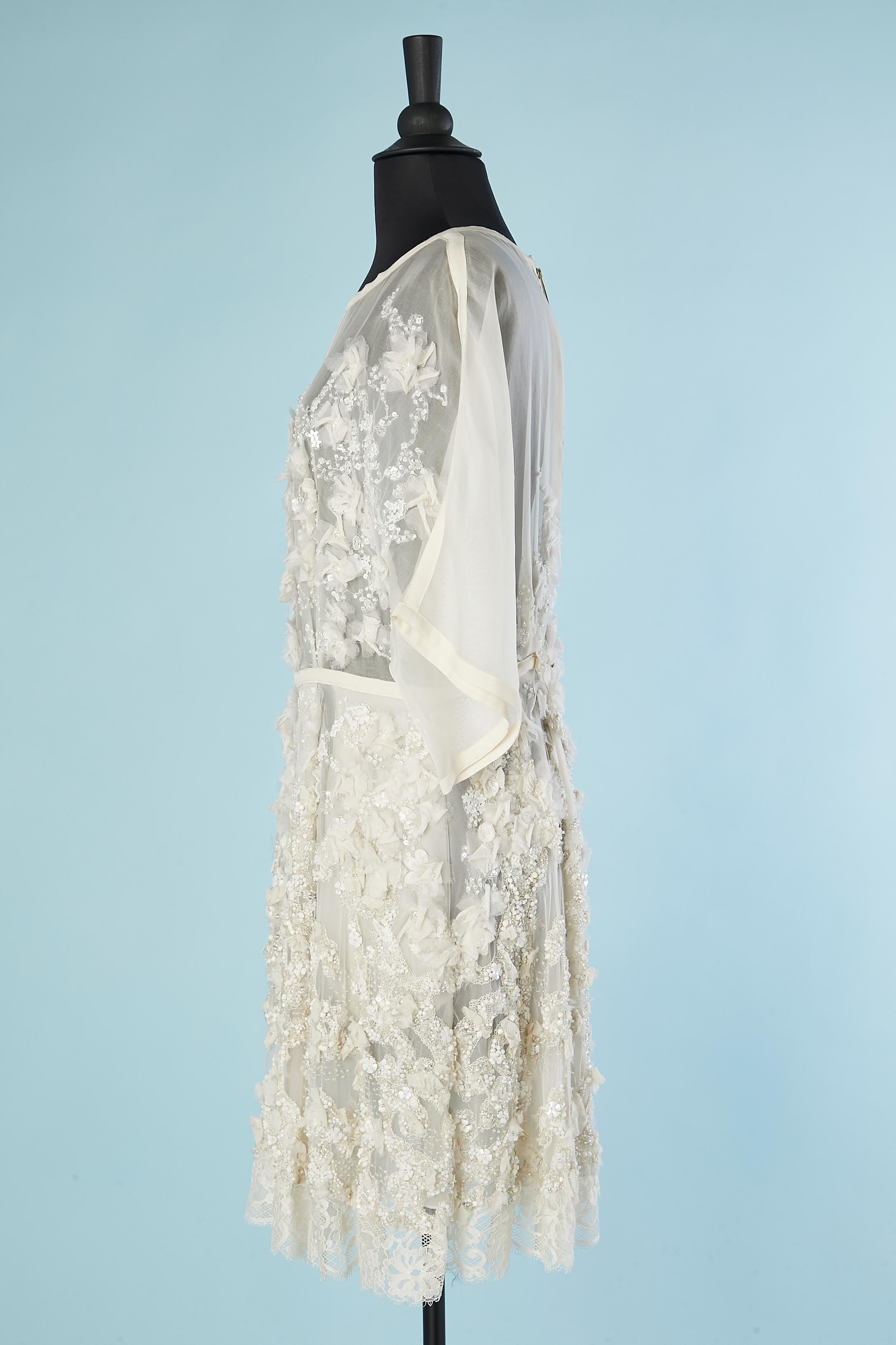 Off-white silk chiffon cocktail dress with white embroideries Elie Saab  For Sale 1