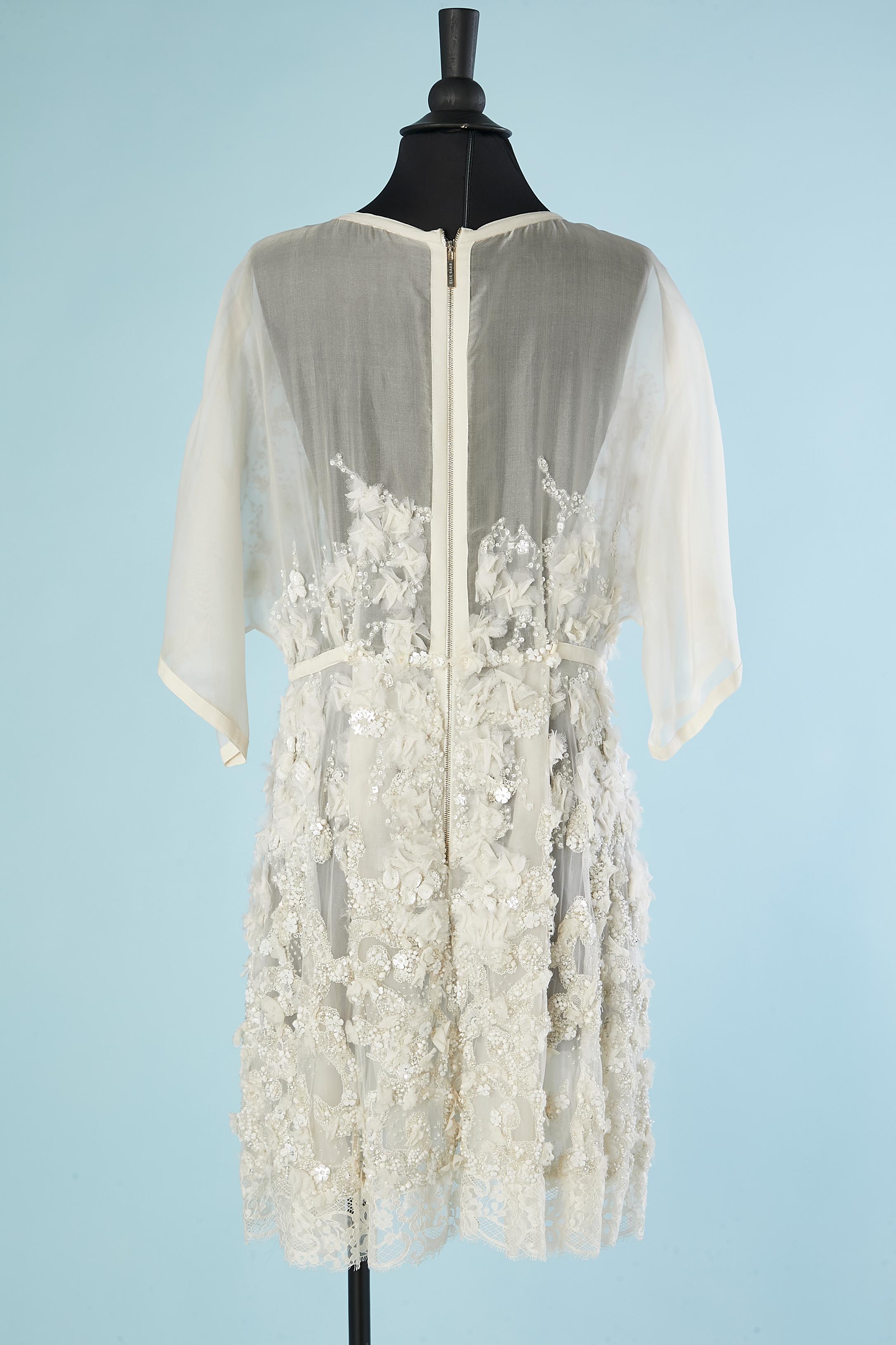 Off-white silk chiffon cocktail dress with white embroideries Elie Saab  For Sale 3