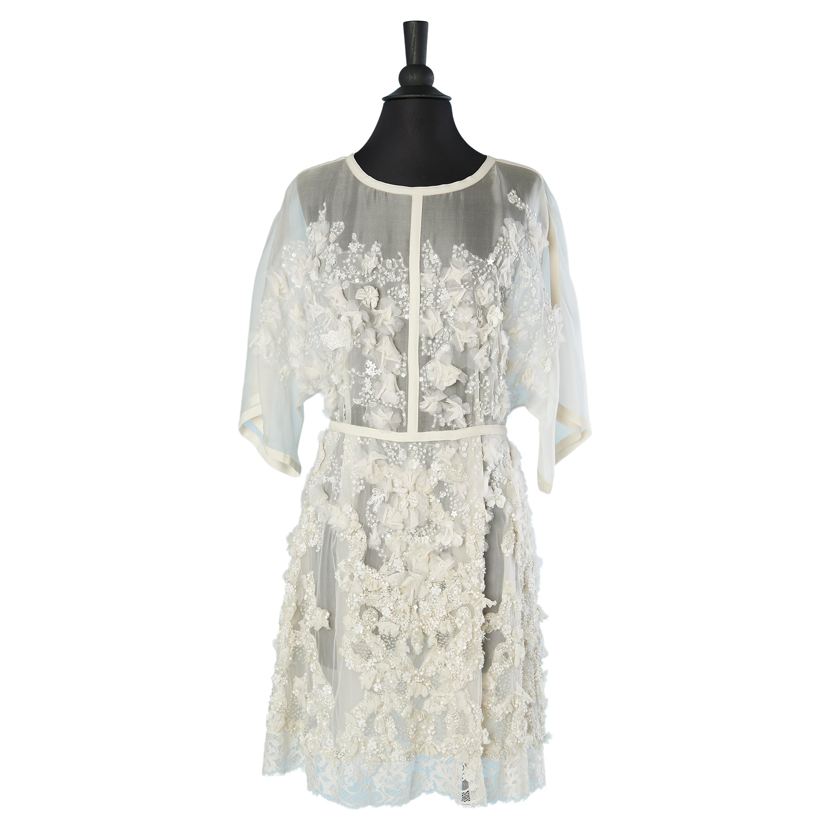 Off-white silk chiffon cocktail dress with white embroideries Elie Saab  For Sale