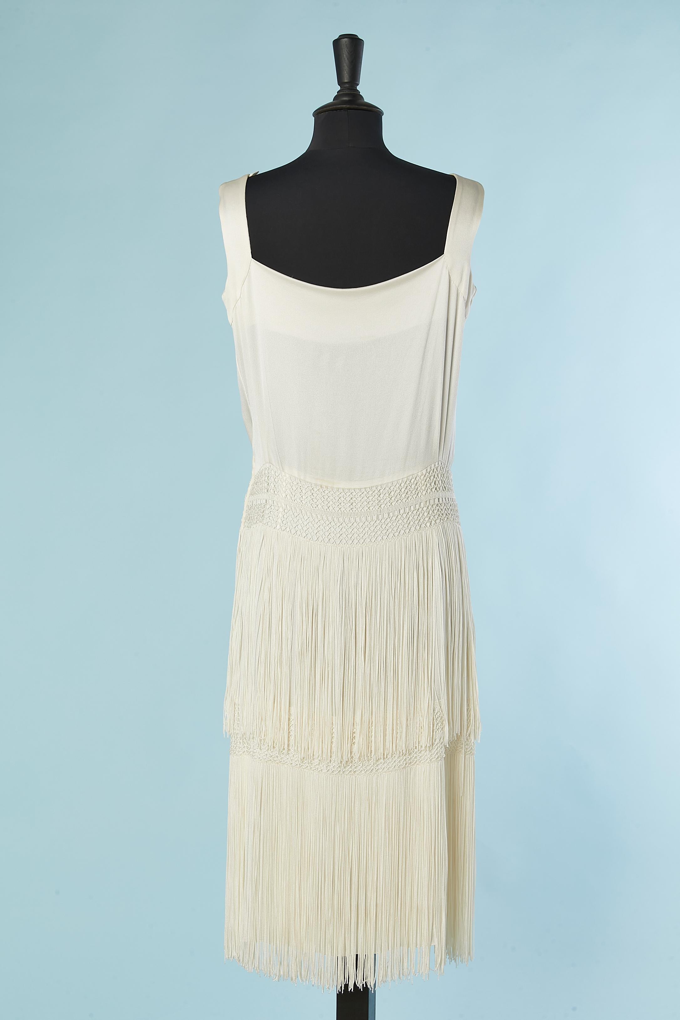 Off white silk cocktail dress with passementerie and fringes Alberta Ferretti For Sale 1