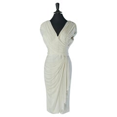 Robe de cocktail en jersey de soie Off-White plissée, enveloppée et drapée Loris Azzaro