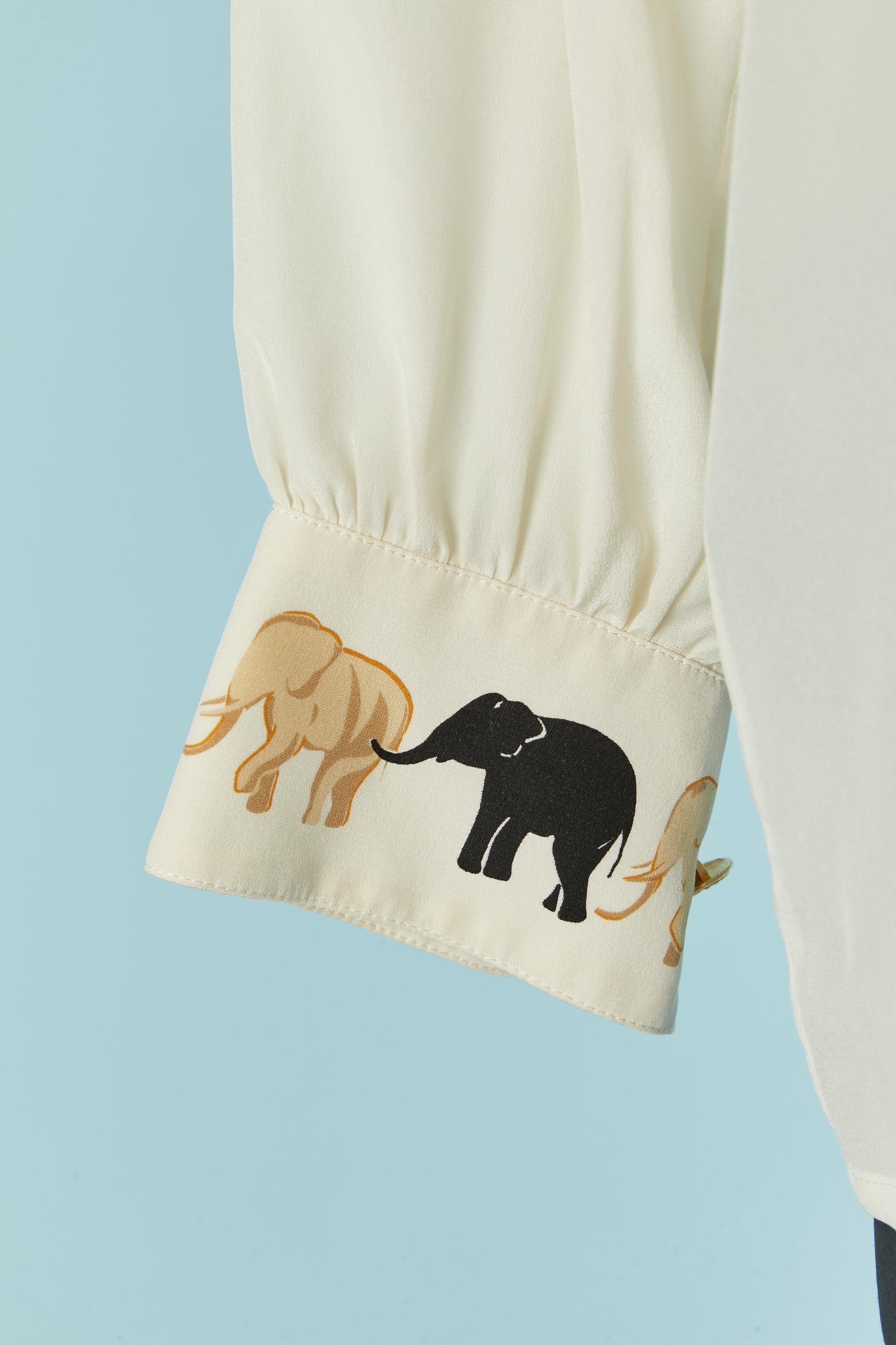 Beige Off-white silk shirt with elephant print and button ESCADA Margaretha Ley For Sale