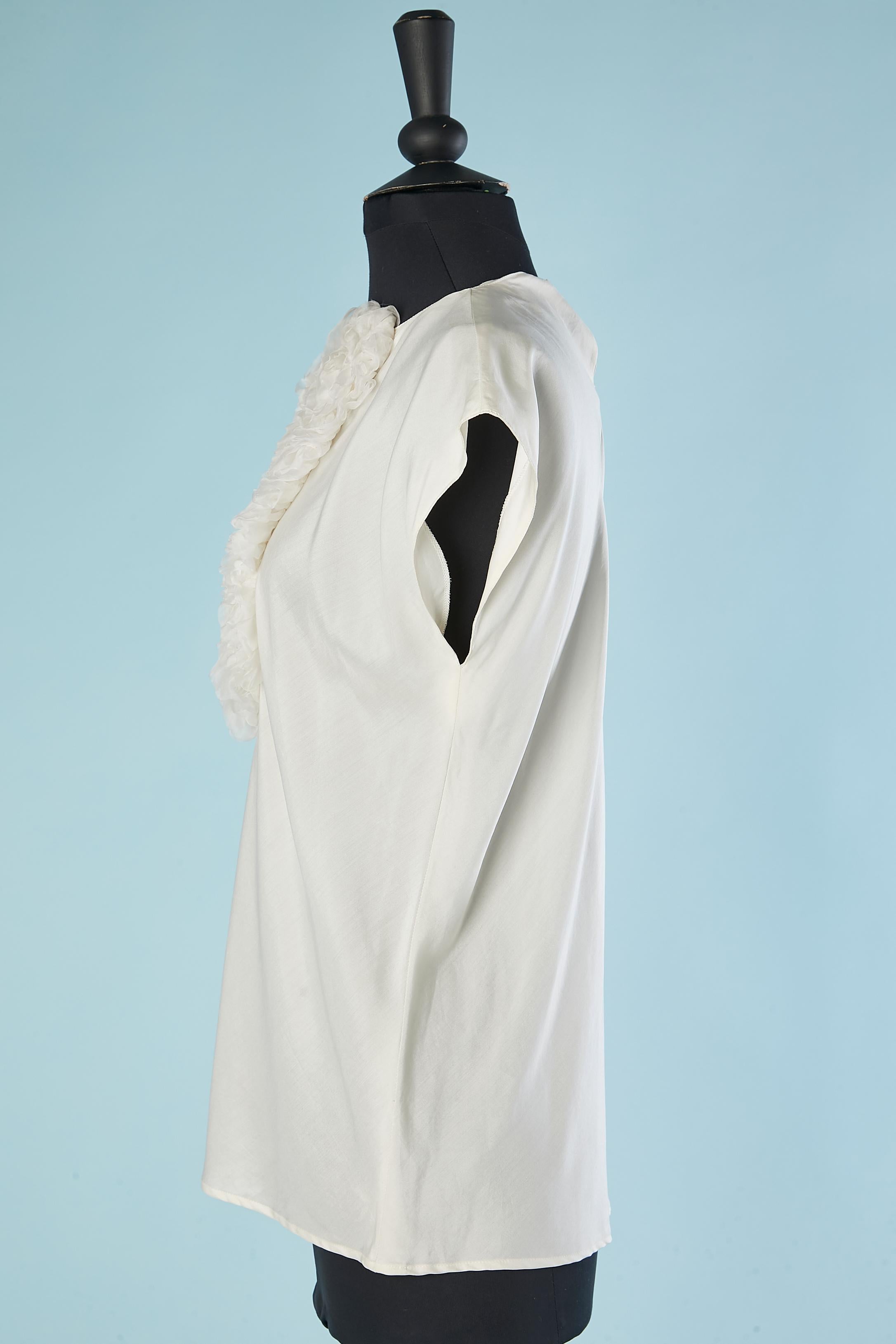 Gray Off-white silk top with silk chiffon jabot ruffle in the front Chanel Boutique  For Sale
