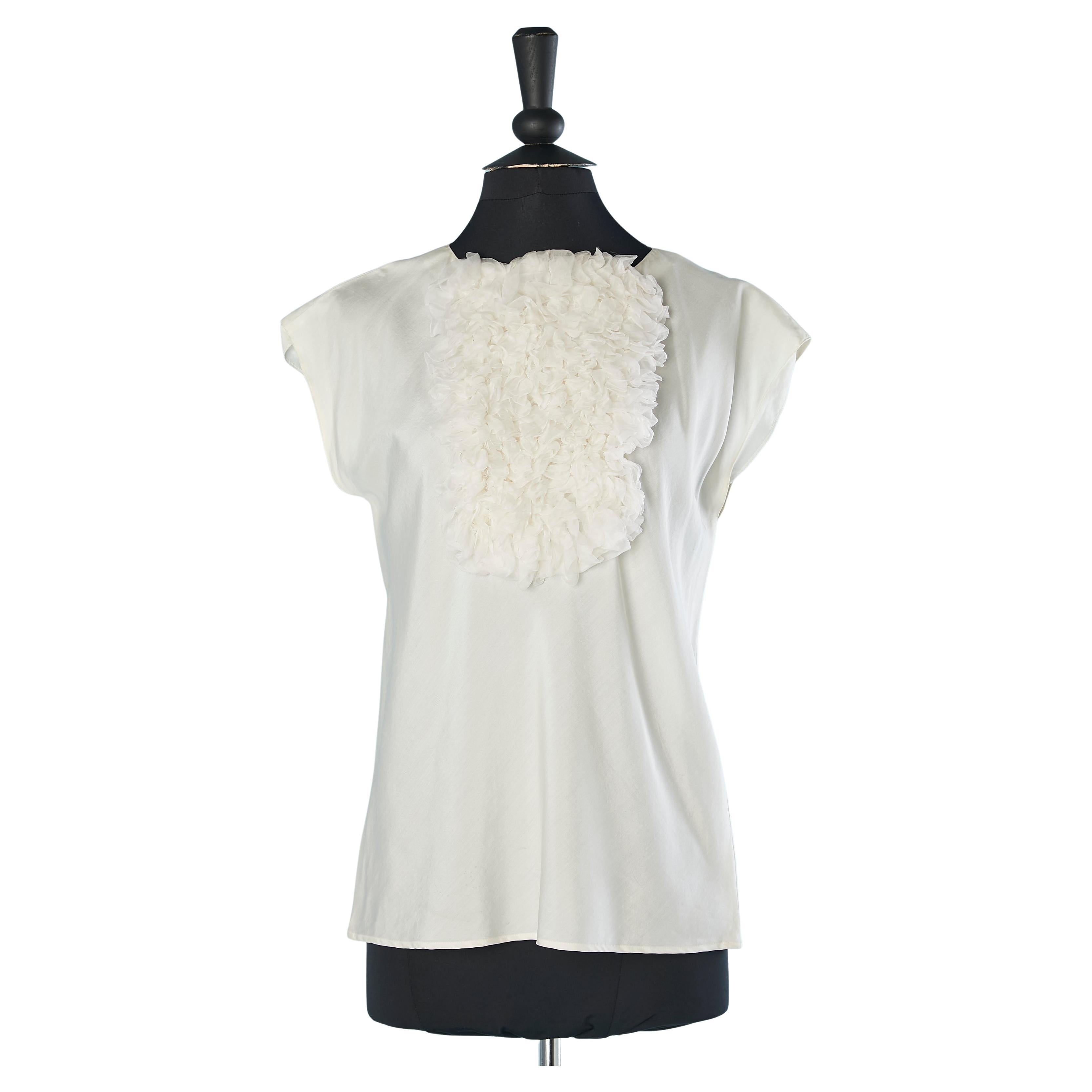 Off-white silk top with silk chiffon jabot ruffle in the front Chanel Boutique  For Sale