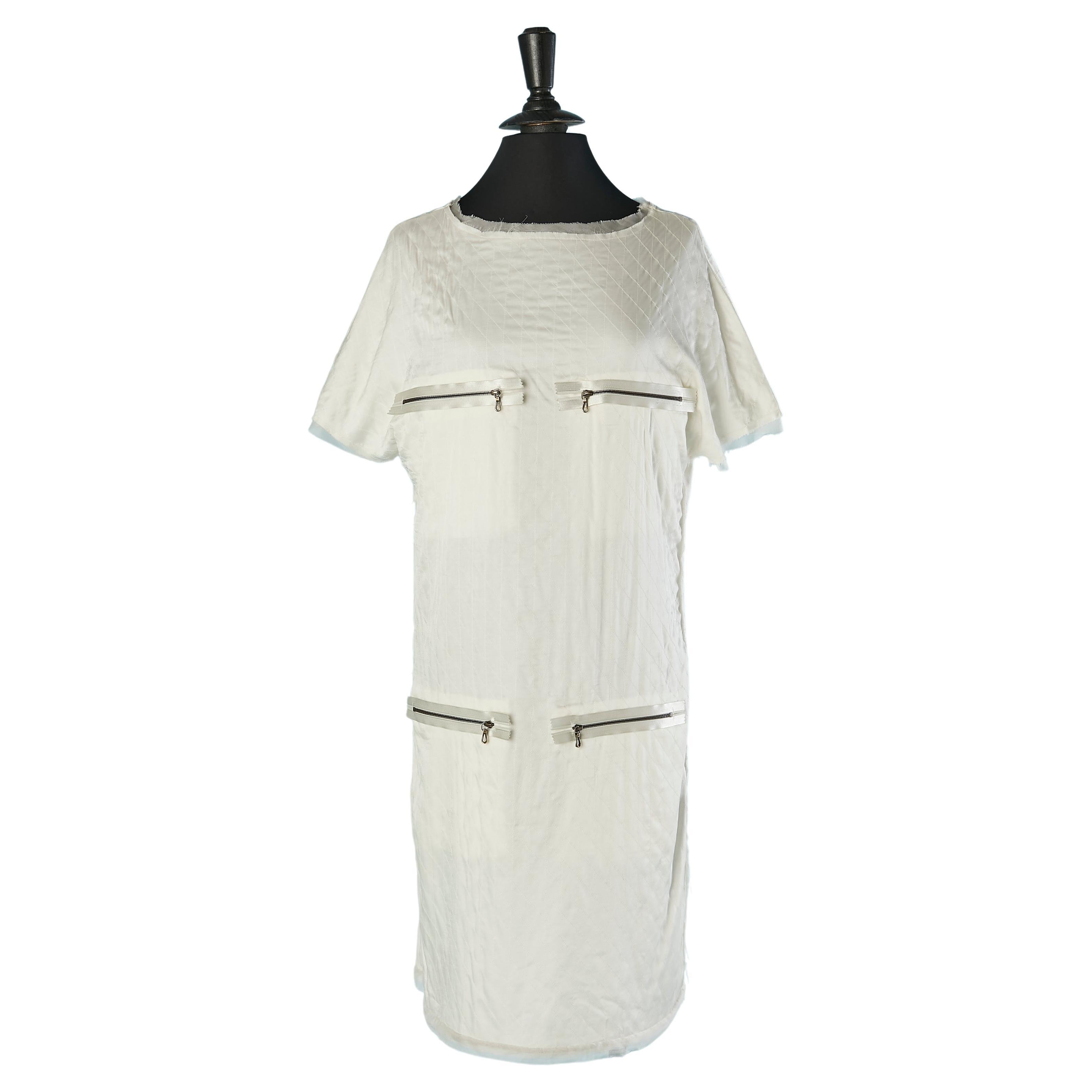 Off White Seide Topstitched Kleid mit Reißverschlusstaschen LANVIN von Alber Elbaz aus Seide im Angebot
