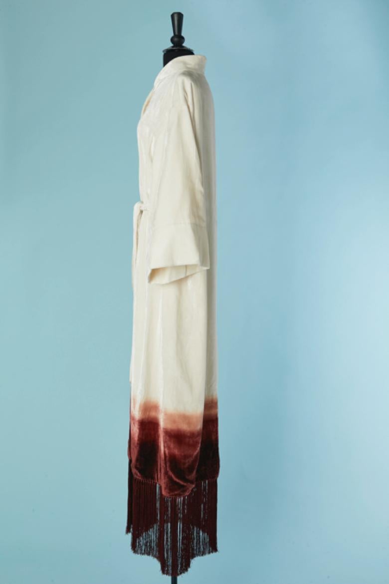 Donna Cappotto kimono in velluto di seta bianco sporco con stampa bambù e frange CHRISTIAN DIOR in vendita