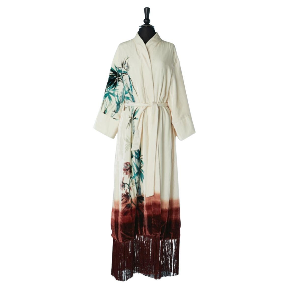 Cappotto kimono in velluto di seta bianco sporco con stampa bambù e frange CHRISTIAN DIOR