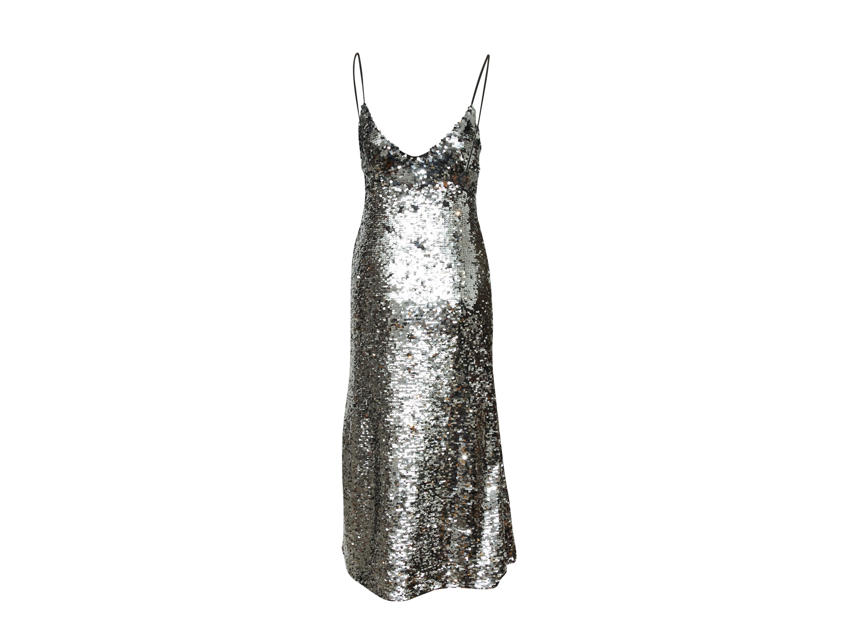 Women's Off-White Silver Sequined Sleeveless Evening Dress