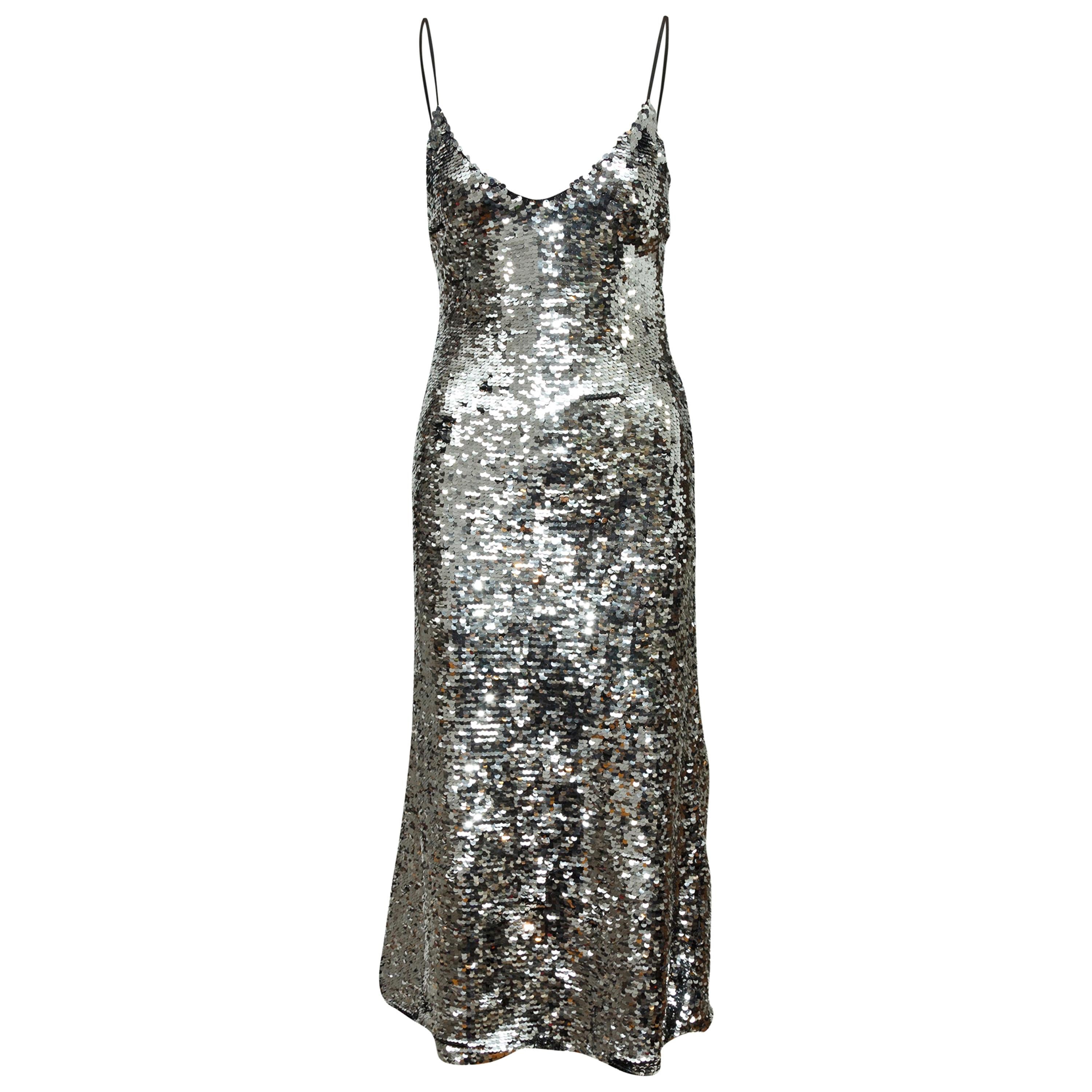 Off-White Silver Sequined Sleeveless Evening Dress