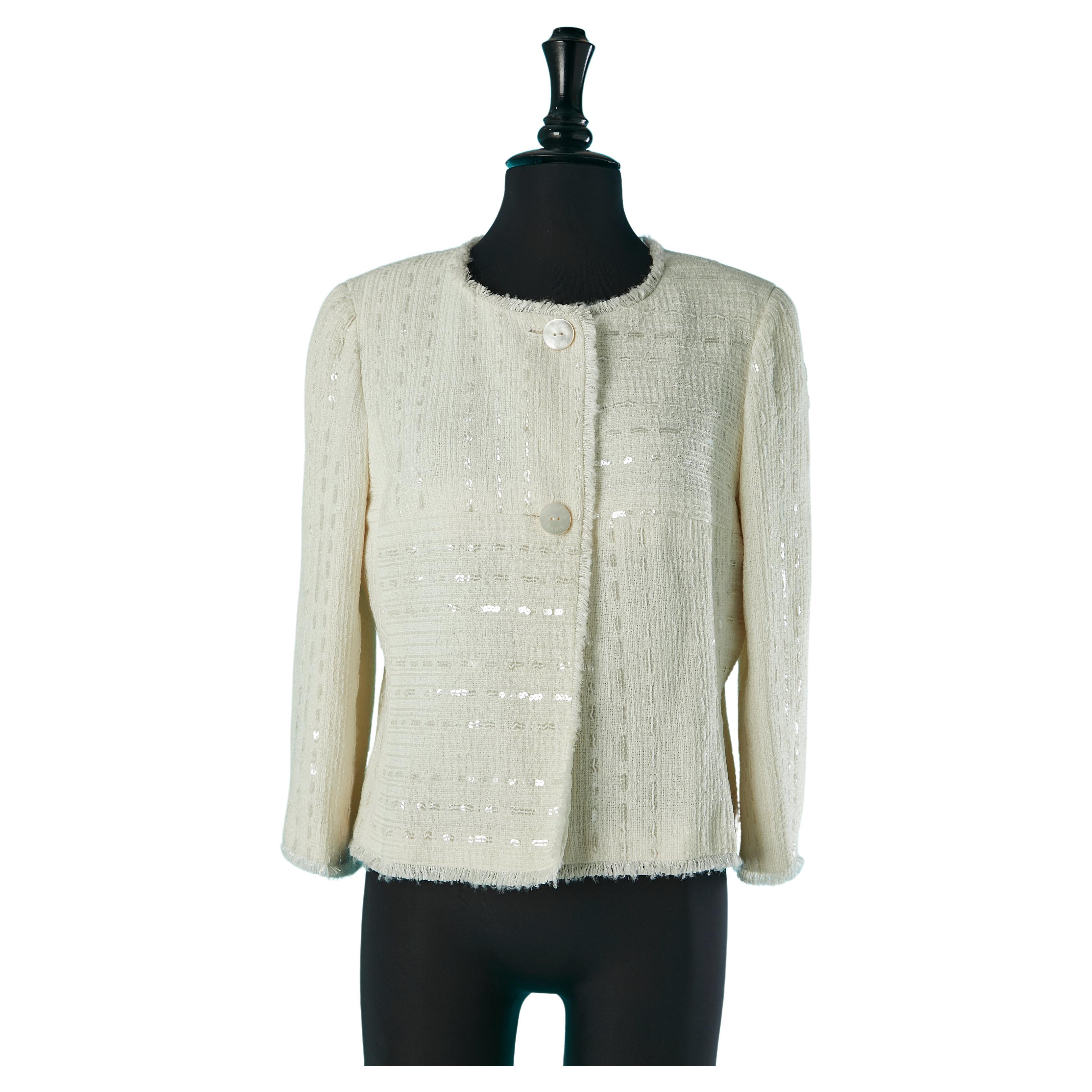 Off-white einereihige einreihige Jacke aus Tweed und Pailletten Chanel  im Angebot
