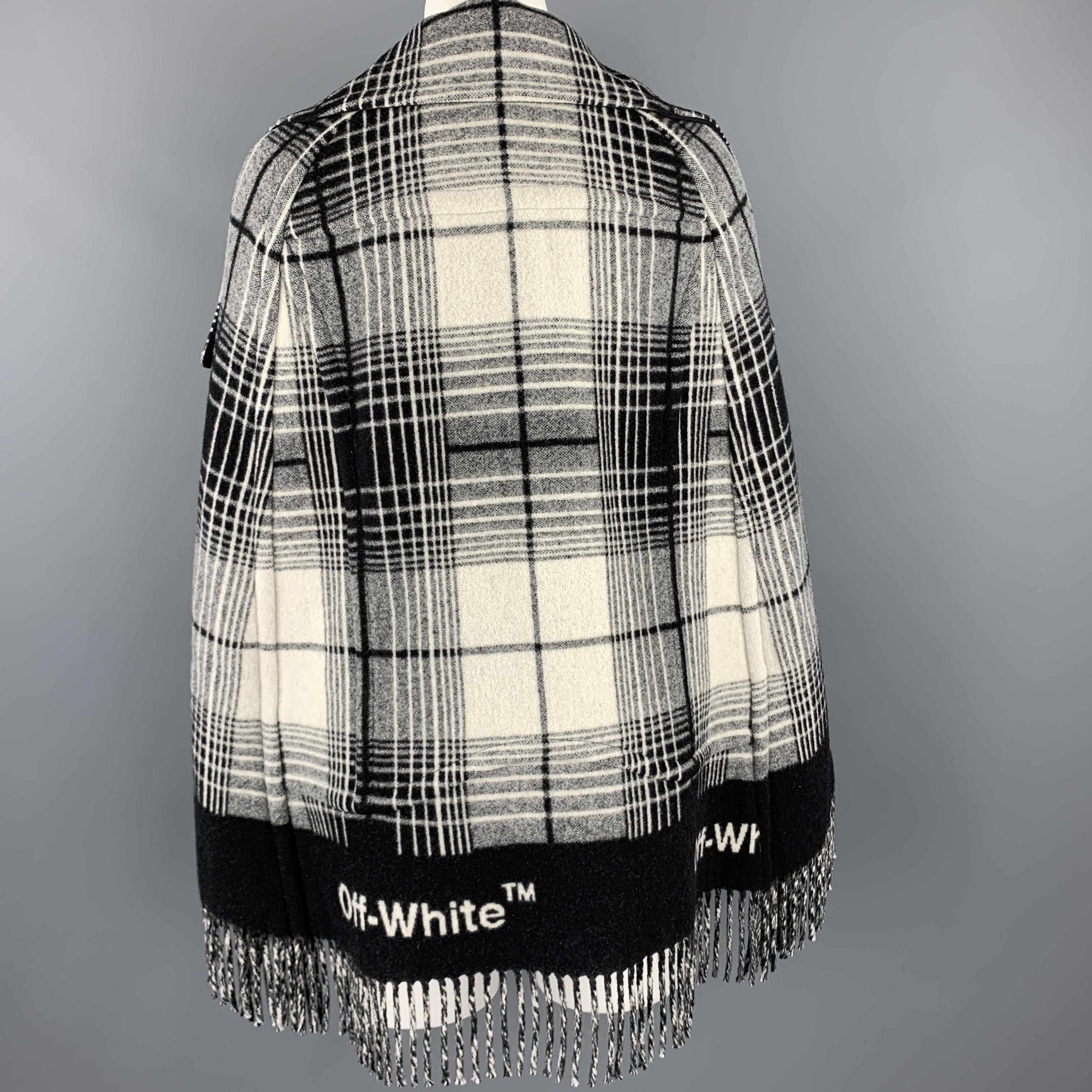 OFF-WHITE Size 8 Black & White Plaid Virgin Wool Blend Flannel Fringe Cape In Excellent Condition In San Francisco, CA