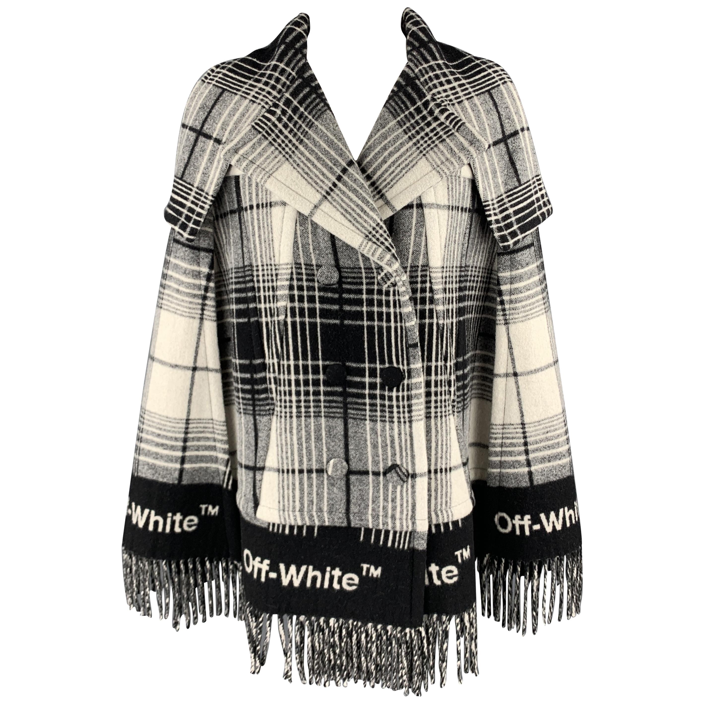 OFF-WHITE Size 8 Black & White Plaid Virgin Wool Blend Flannel Fringe Cape