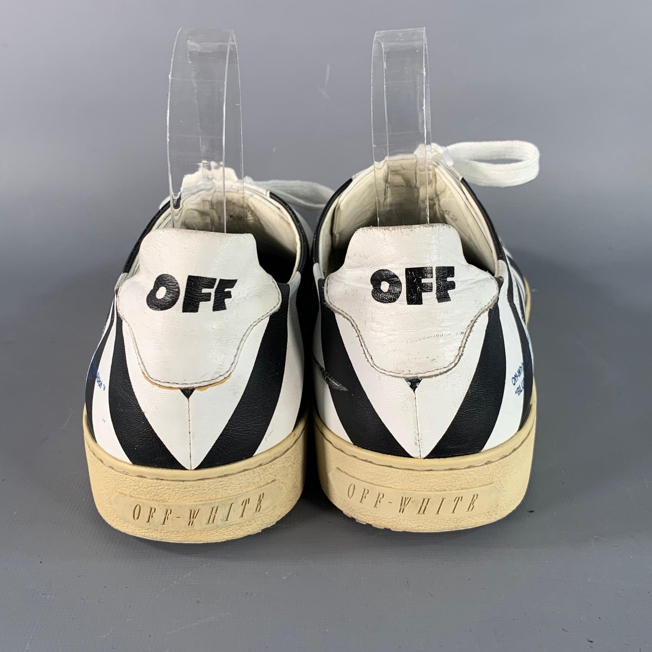 OFF-WHITE Größe 9 Schwarz Weiß Gestreift Leder Turnschuhe (Beige) im Angebot