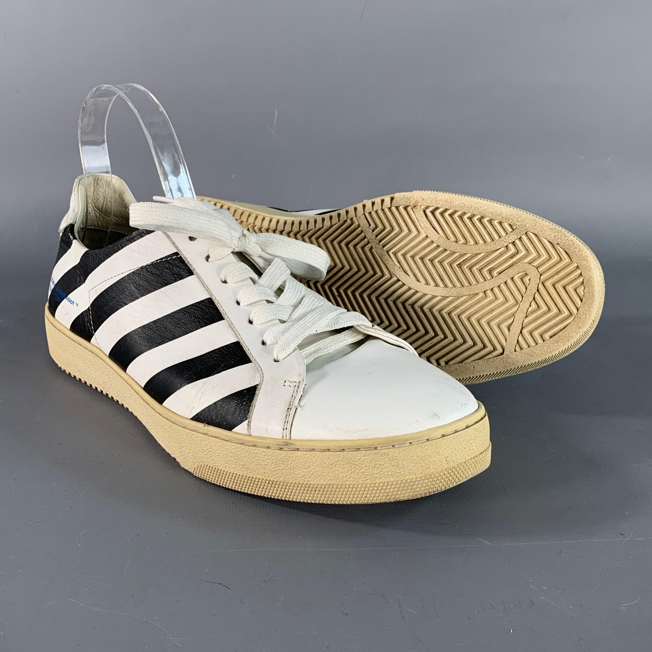 OFF-WHITE Größe 9 Schwarz Weiß Gestreift Leder Turnschuhe Herren im Angebot