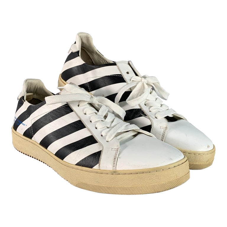 OFF-WHITE Size Black White Stripe Leather Sneakers For Sale at