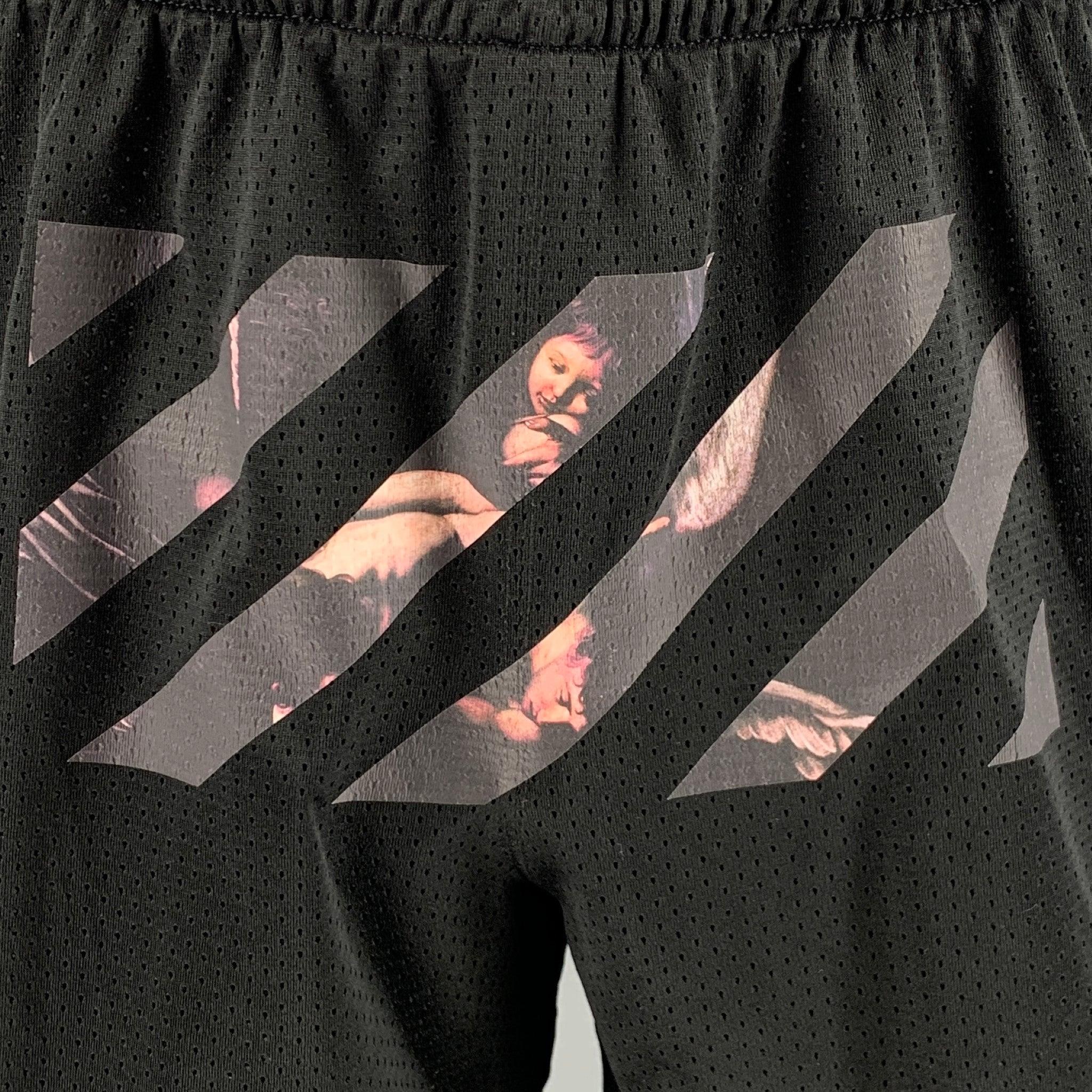 OFF-WHITE shorts
in a black polyester mesh fabric featuring Renaissance painting graphic on front, and elastic waistband. Made in Portugal.Excellent Pre-Owned Condition. 

Marked:   L 

Measurements: 
  Waist: 30 inches Rise: 11 inInseam: 5.5 inches