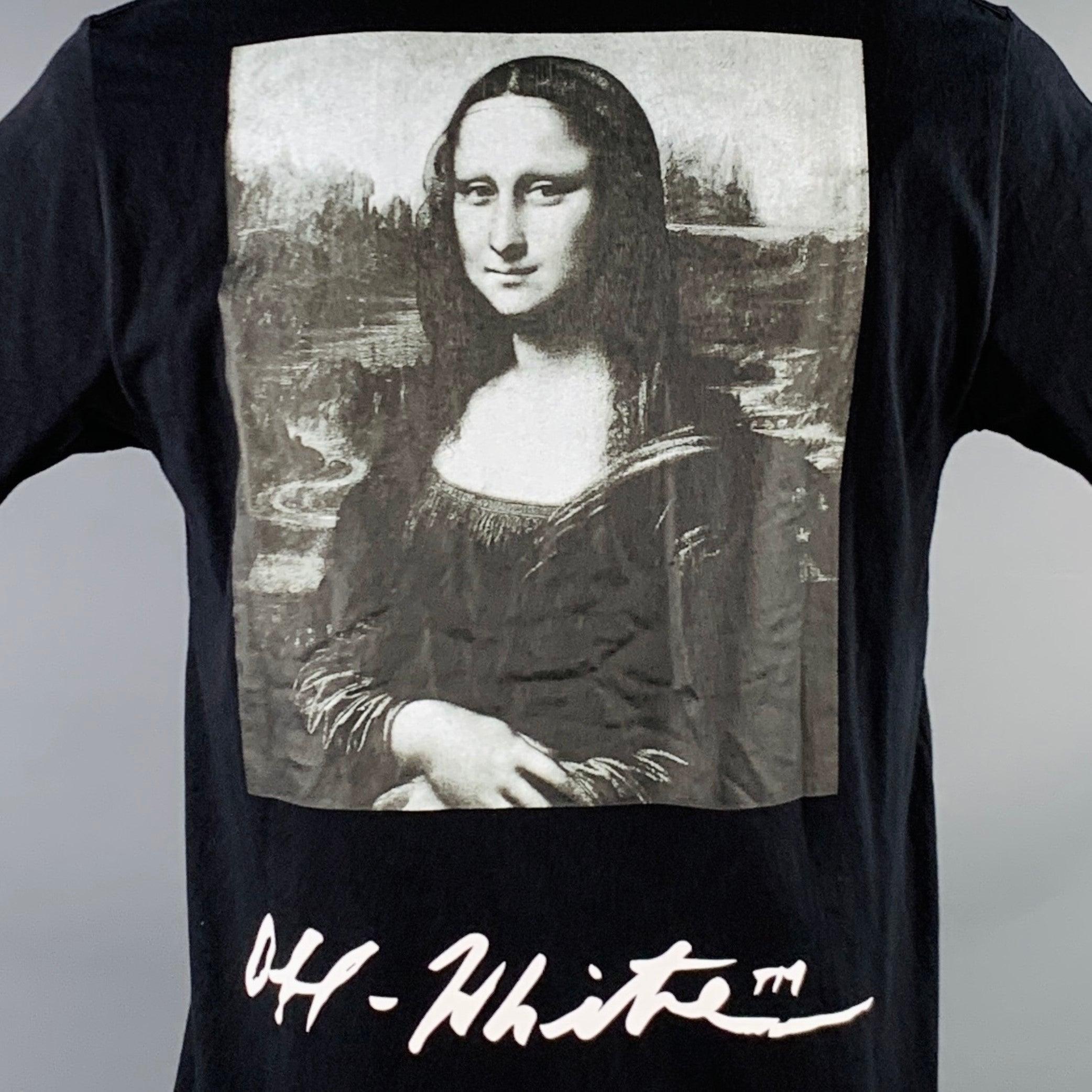 Men's OFF-WHITE Size L Black White Mona Lisa Print Cotton Crew Neck T-shirt For Sale