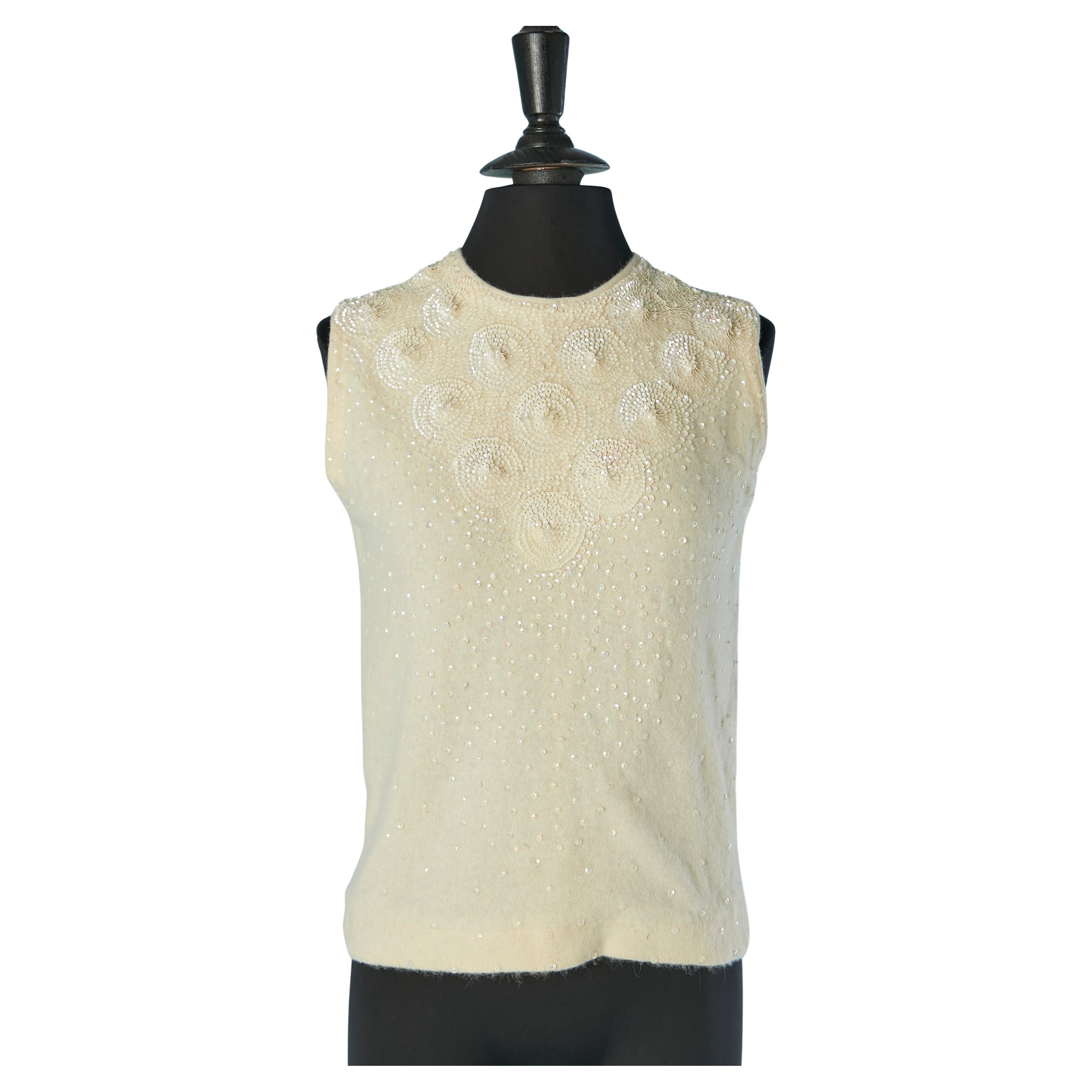Off-white sleeveless knit top with sequin embellishment DRAGON HOUSE For Sale