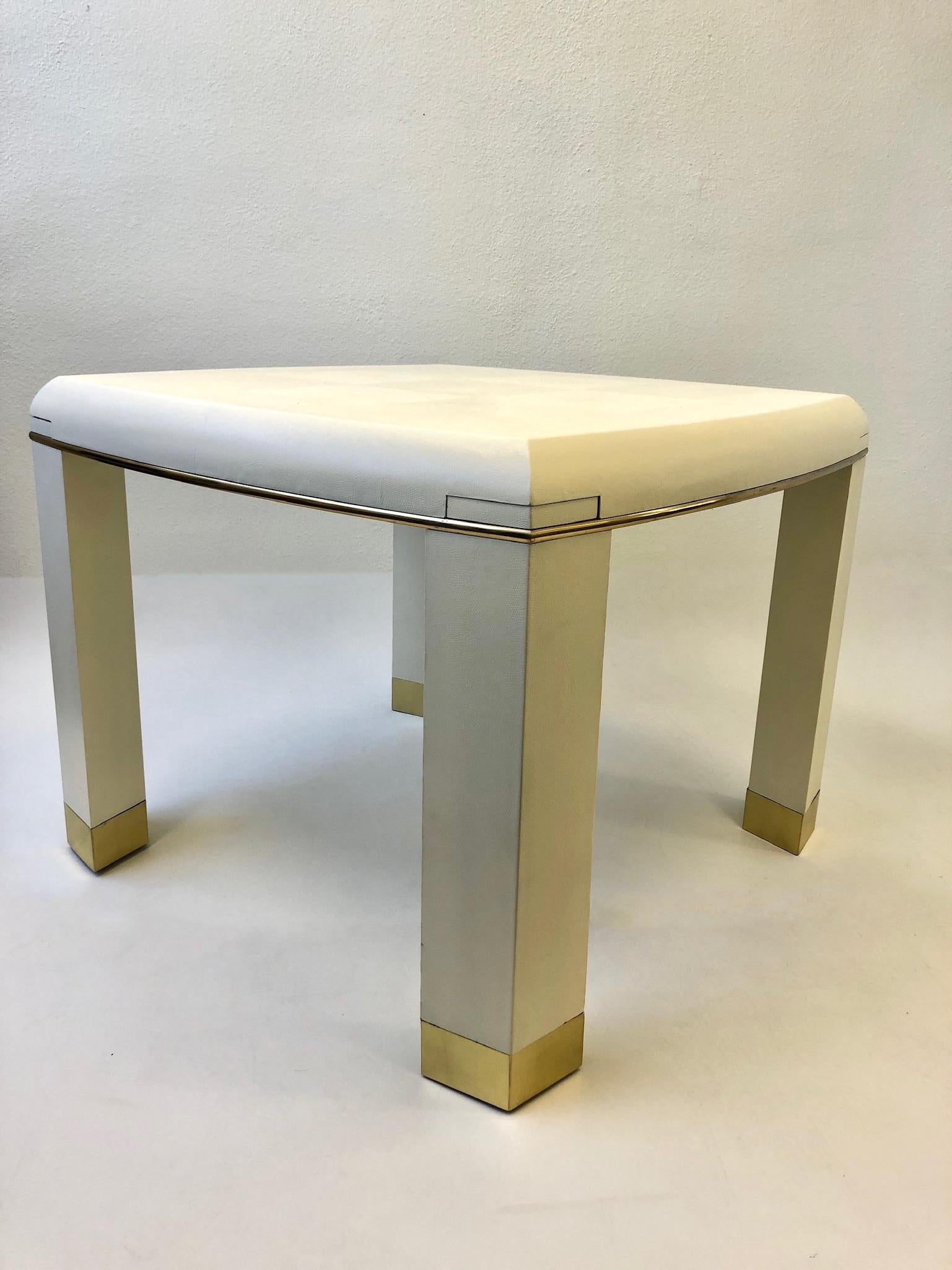 Off-White Snake Leather and Brass Game Table with Drink Holder, Springer Style 5