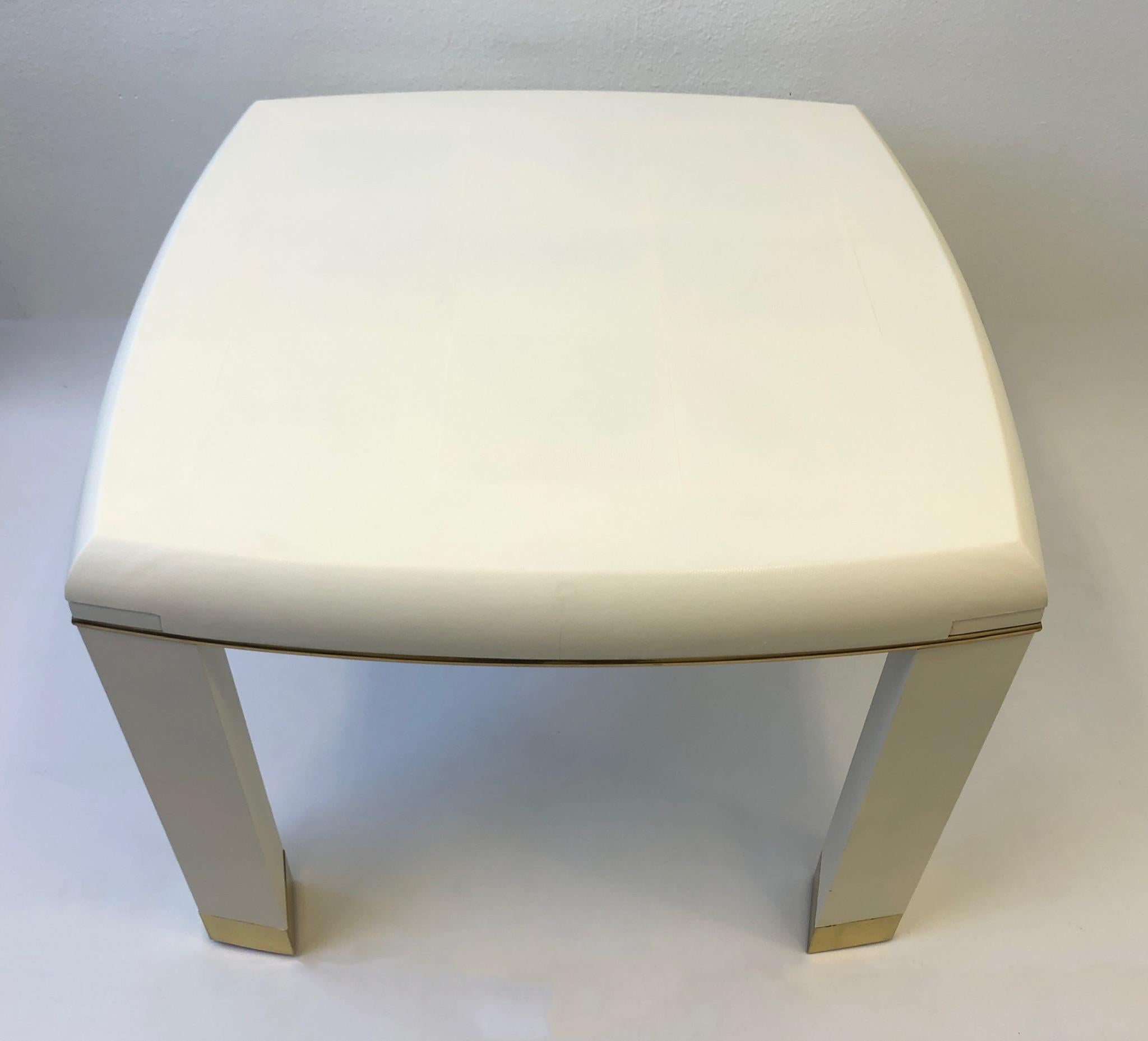 Off-White Snake Leather and Brass Game Table with Drink Holder, Springer Style 7