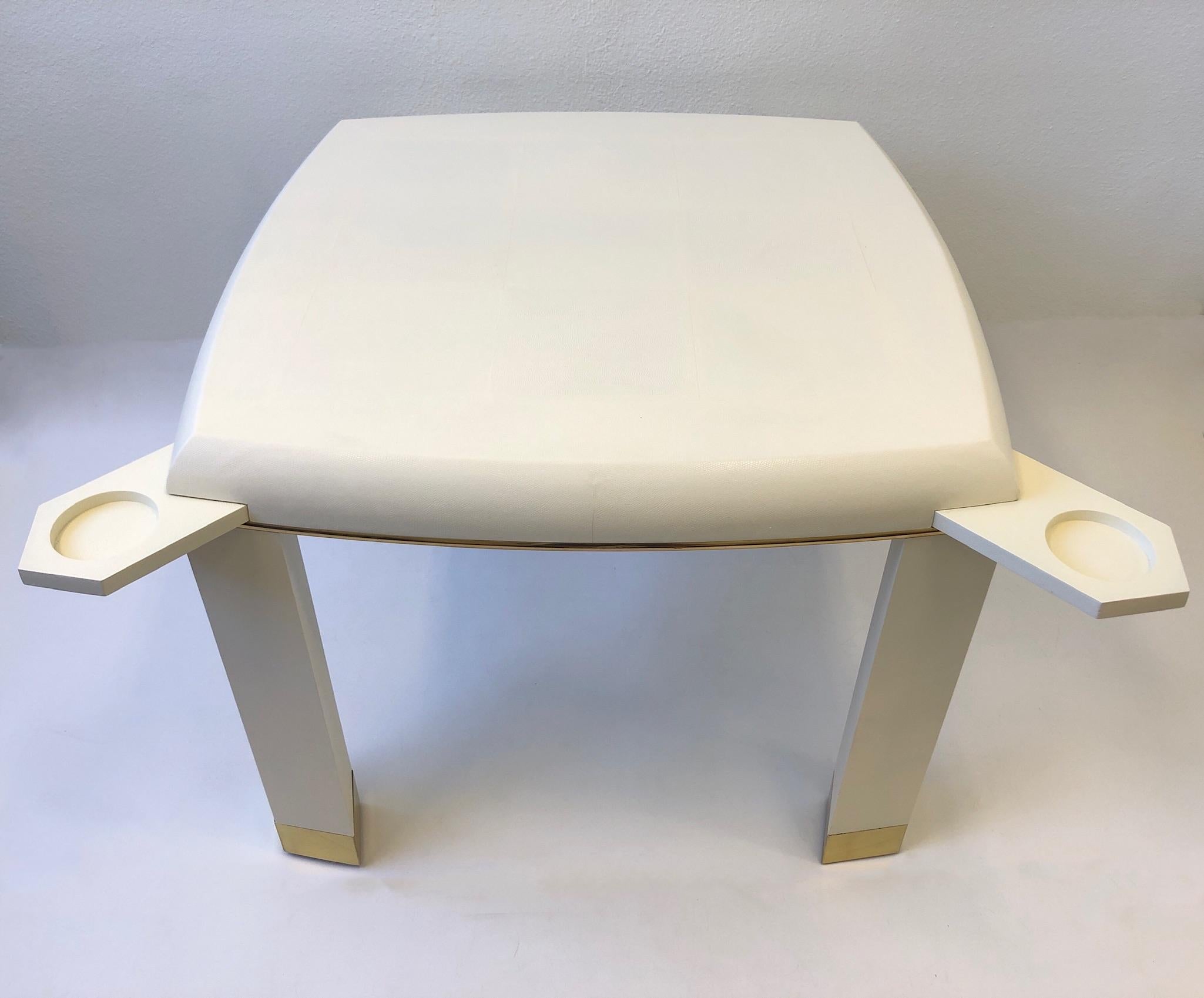 Modern Off-White Snake Leather and Brass Game Table with Drink Holder, Springer Style For Sale
