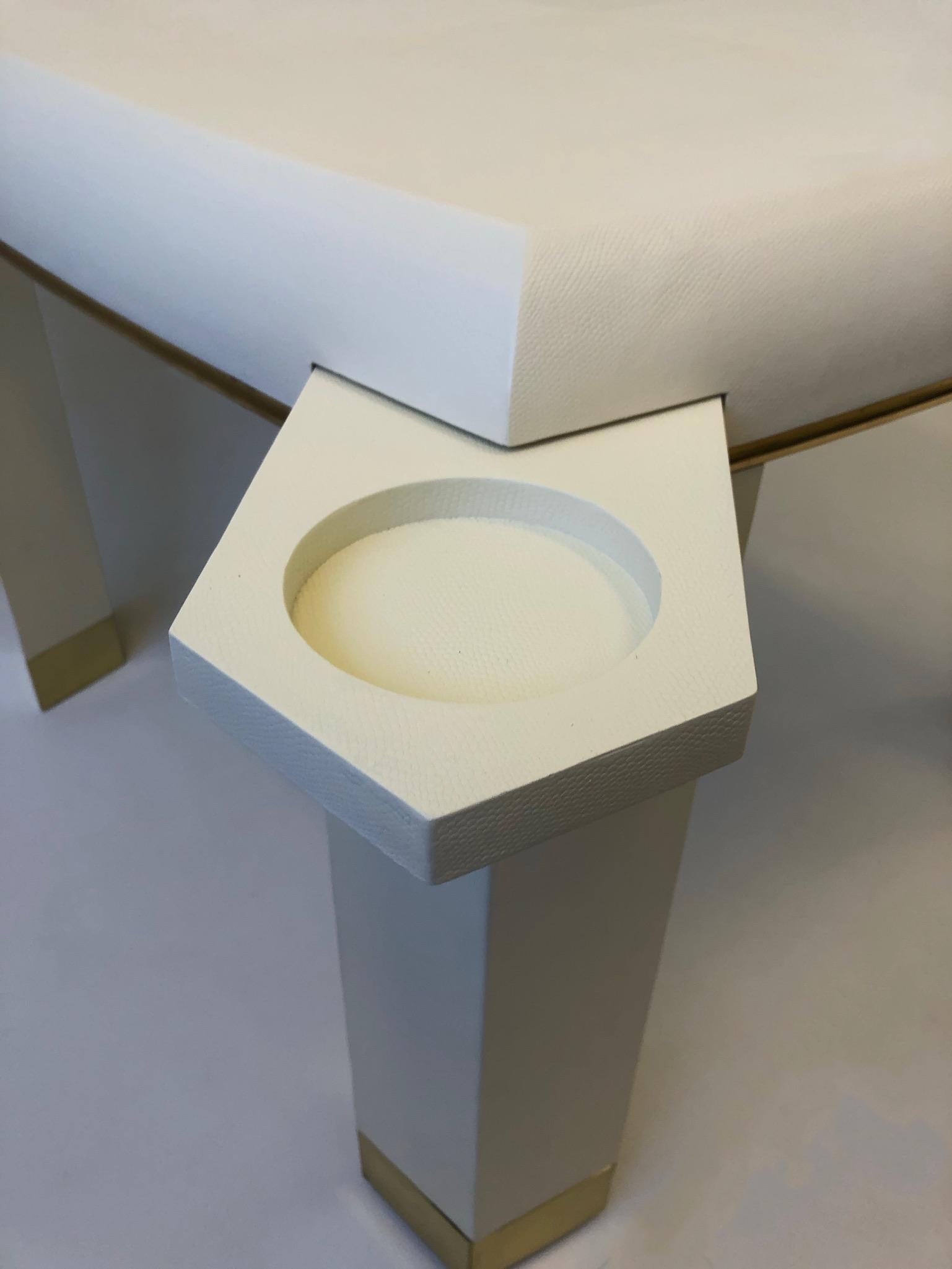Embossed Off-White Snake Leather and Brass Game Table with Drink Holder, Springer Style