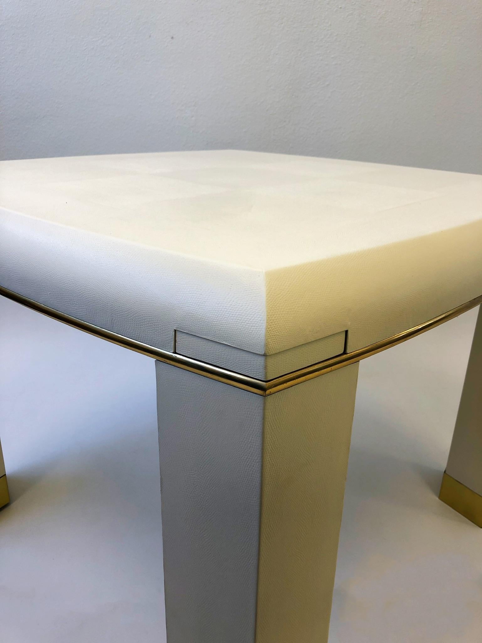 Late 20th Century Off-White Snake Leather and Brass Game Table with Drink Holder, Springer Style For Sale